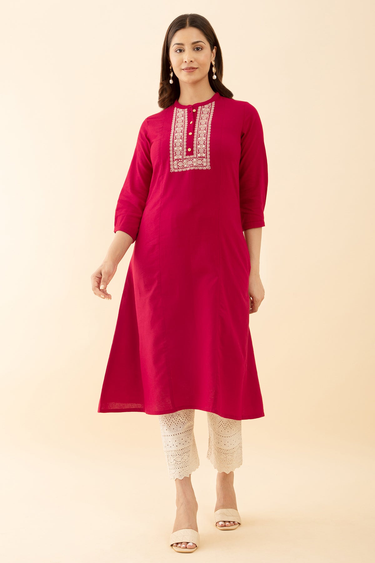 Red Mirror Embellished Kurta with Floral Embroidery Mandarin Collar