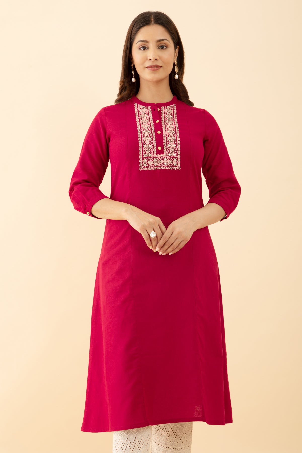 Red Mirror Embellished Kurta with Floral Embroidery Mandarin Collar