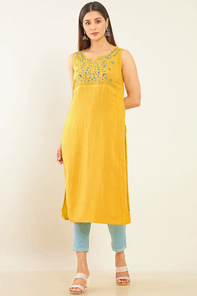 Satin Stitch Floral Embroidered Kurta - Yellow