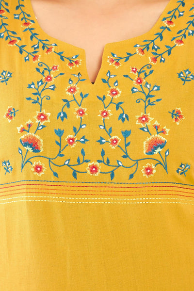 Satin Stitch Floral Embroidered Kurta - Yellow
