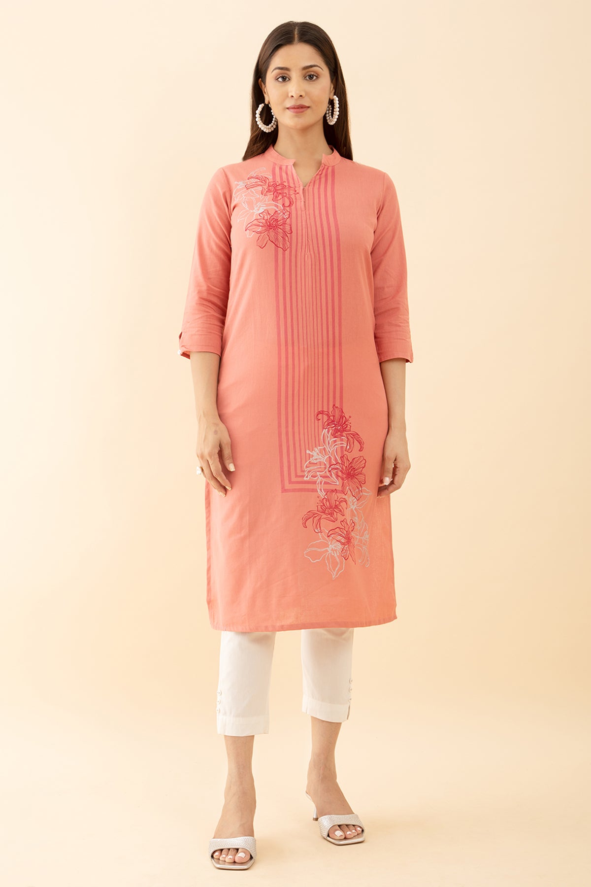 Stylish Kurta with Floral Mandarin Collar Print in Peach New Design