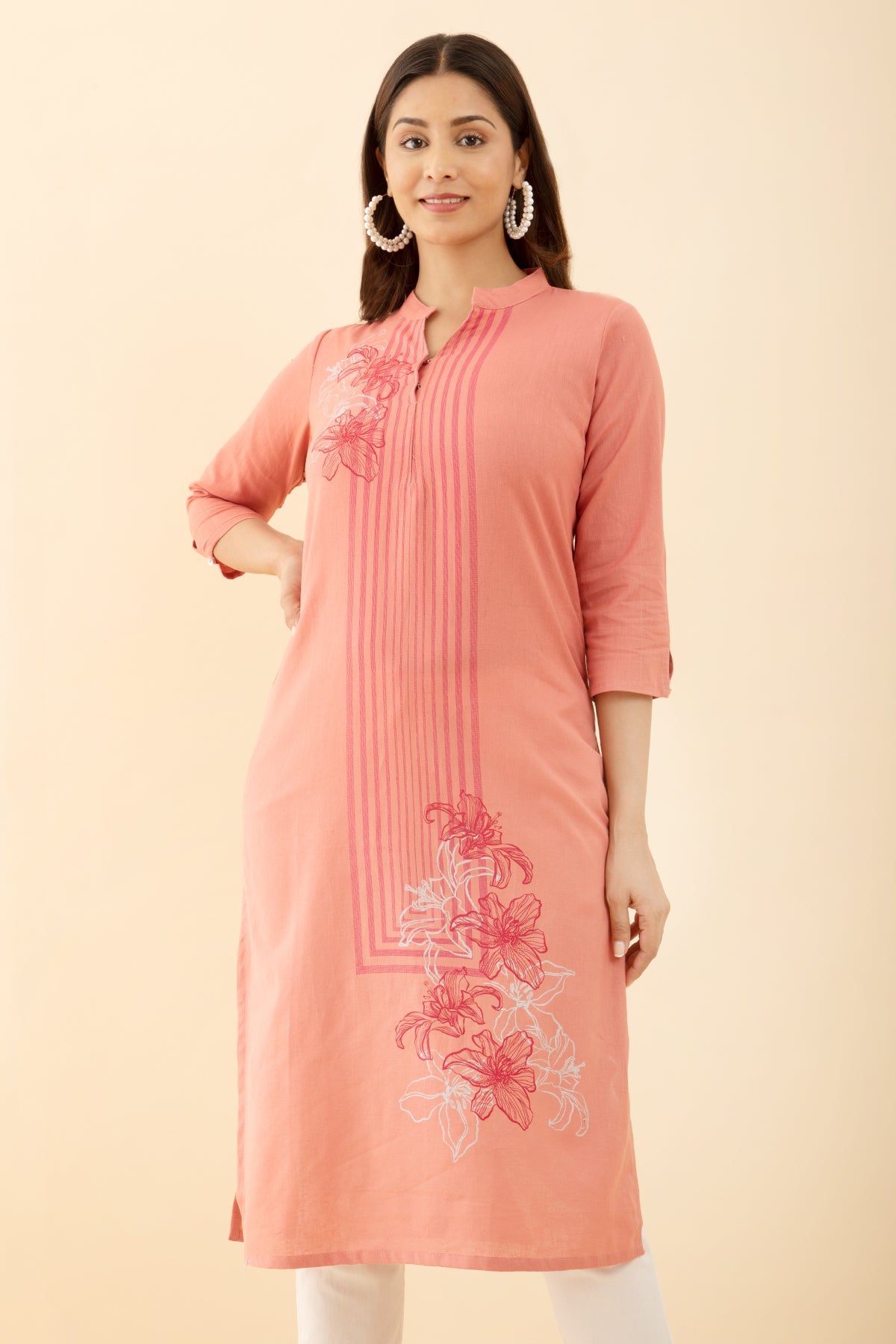 Stylish Kurta with Floral Mandarin Collar Print in Peach New Design