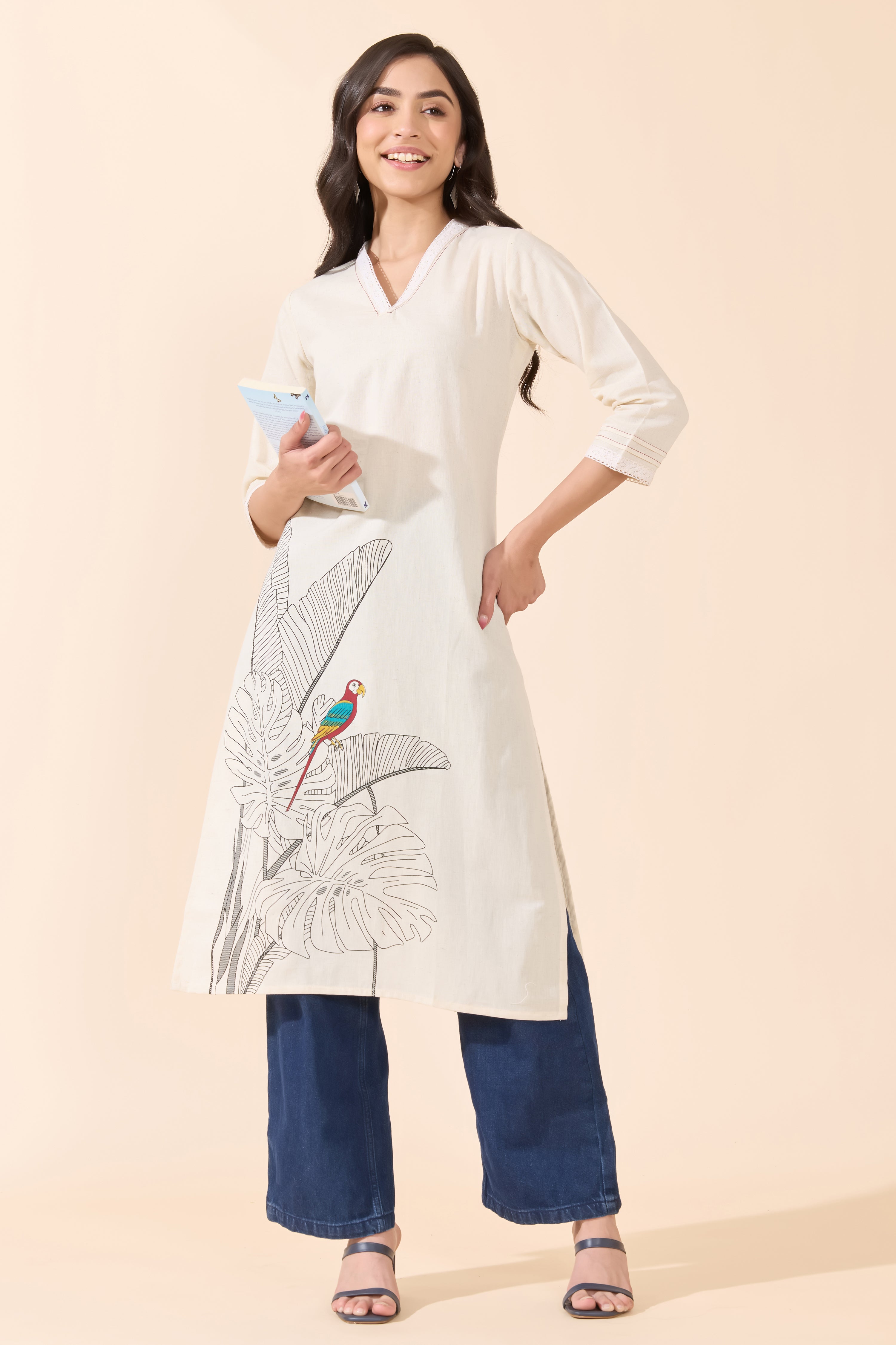 CONTEMPORARY PARROT PRINTED OFF WHITE STRAIGHT-CUT KURTA