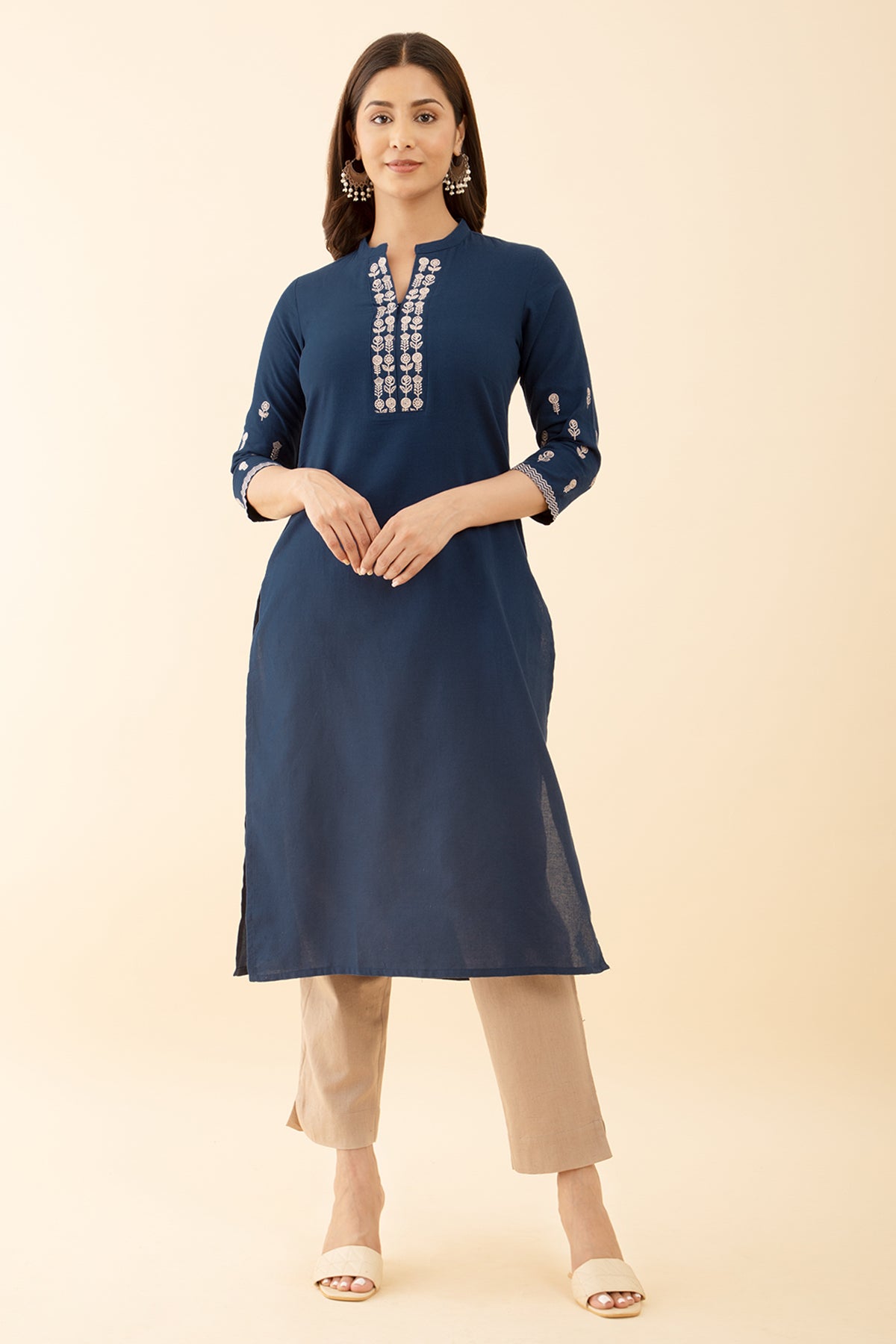 Mandarin Collar Blue Color Kurta Solid Print Style