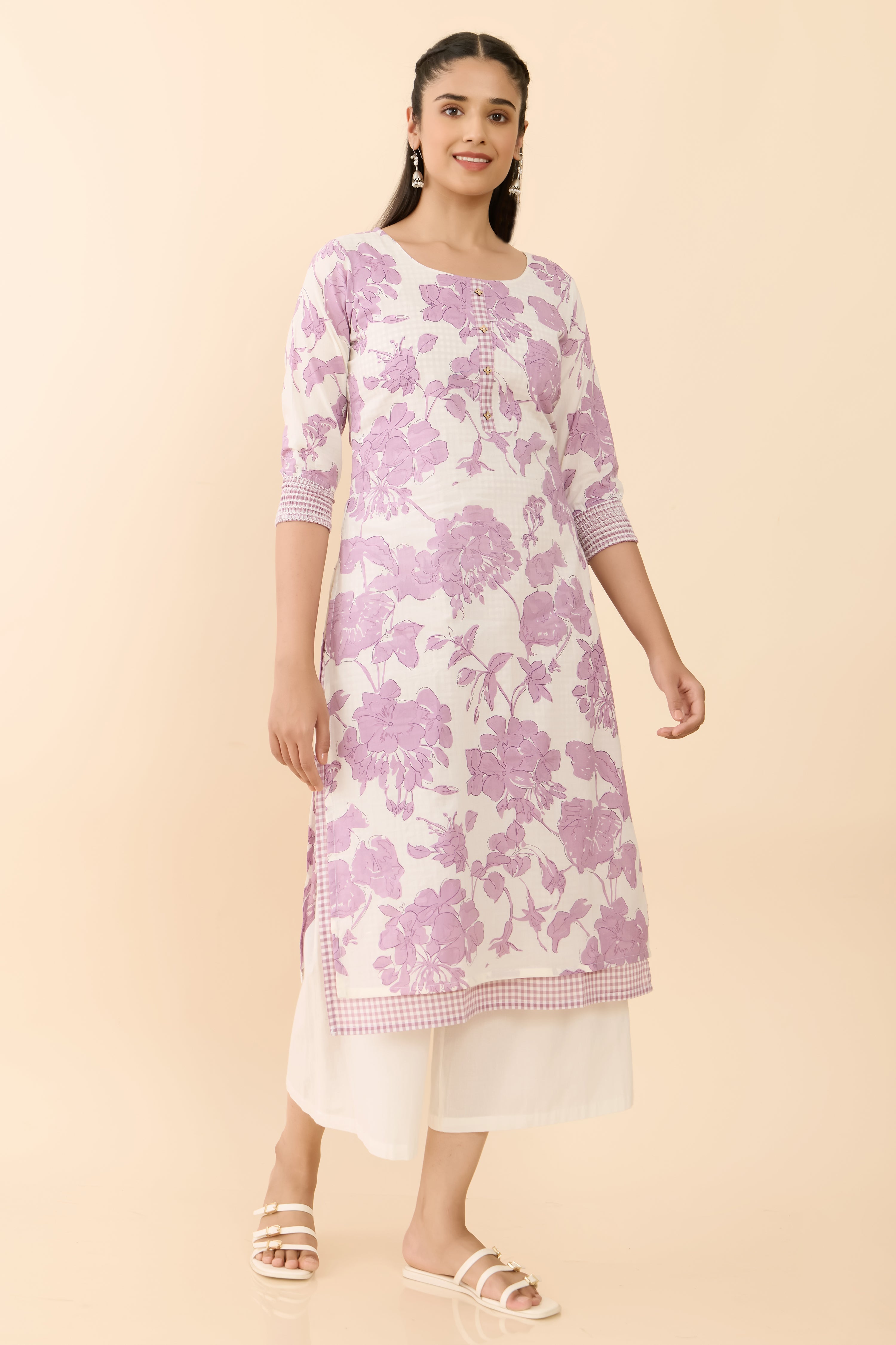 OFF WHITE FLORAL PRINTED STRAIGHT CUT KURTA