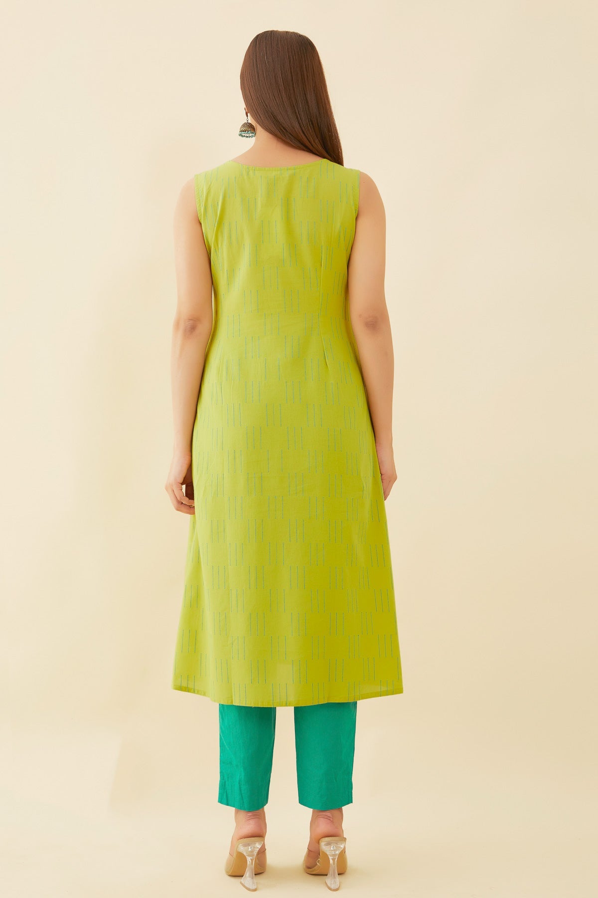 All Over Geometric Motif Contrast Embroidered A-Line Kurta -  Green