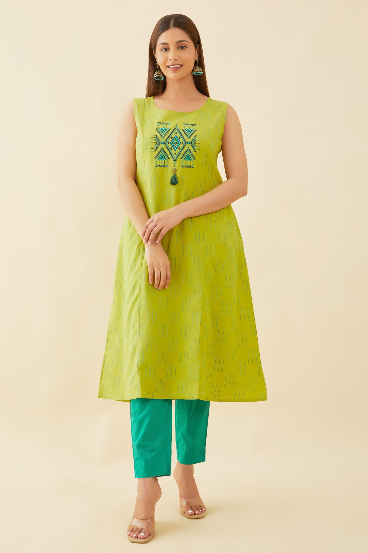All Over Geometric Motif Contrast Embroidered A-Line Kurta -  Green