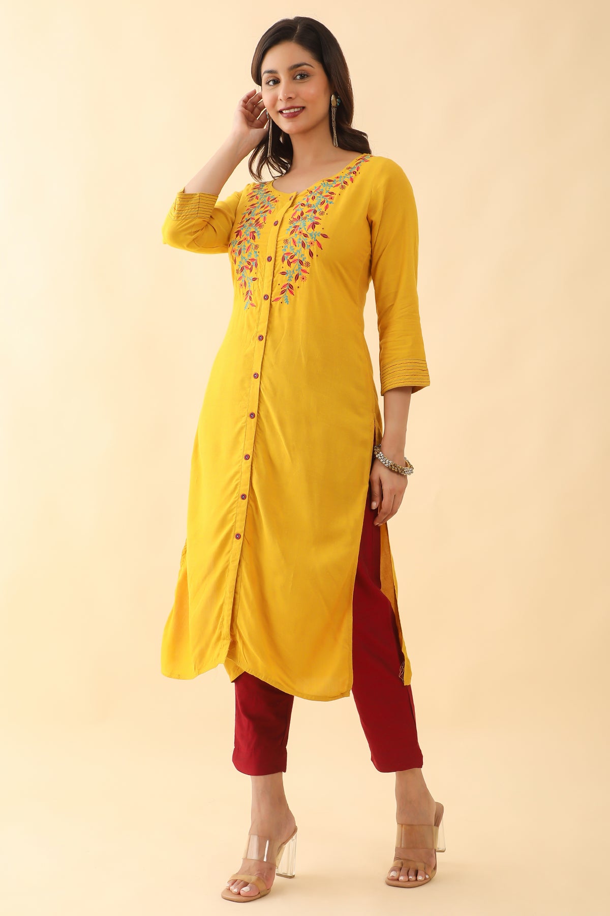 Floral Motif Embroidered Kurta Yellow