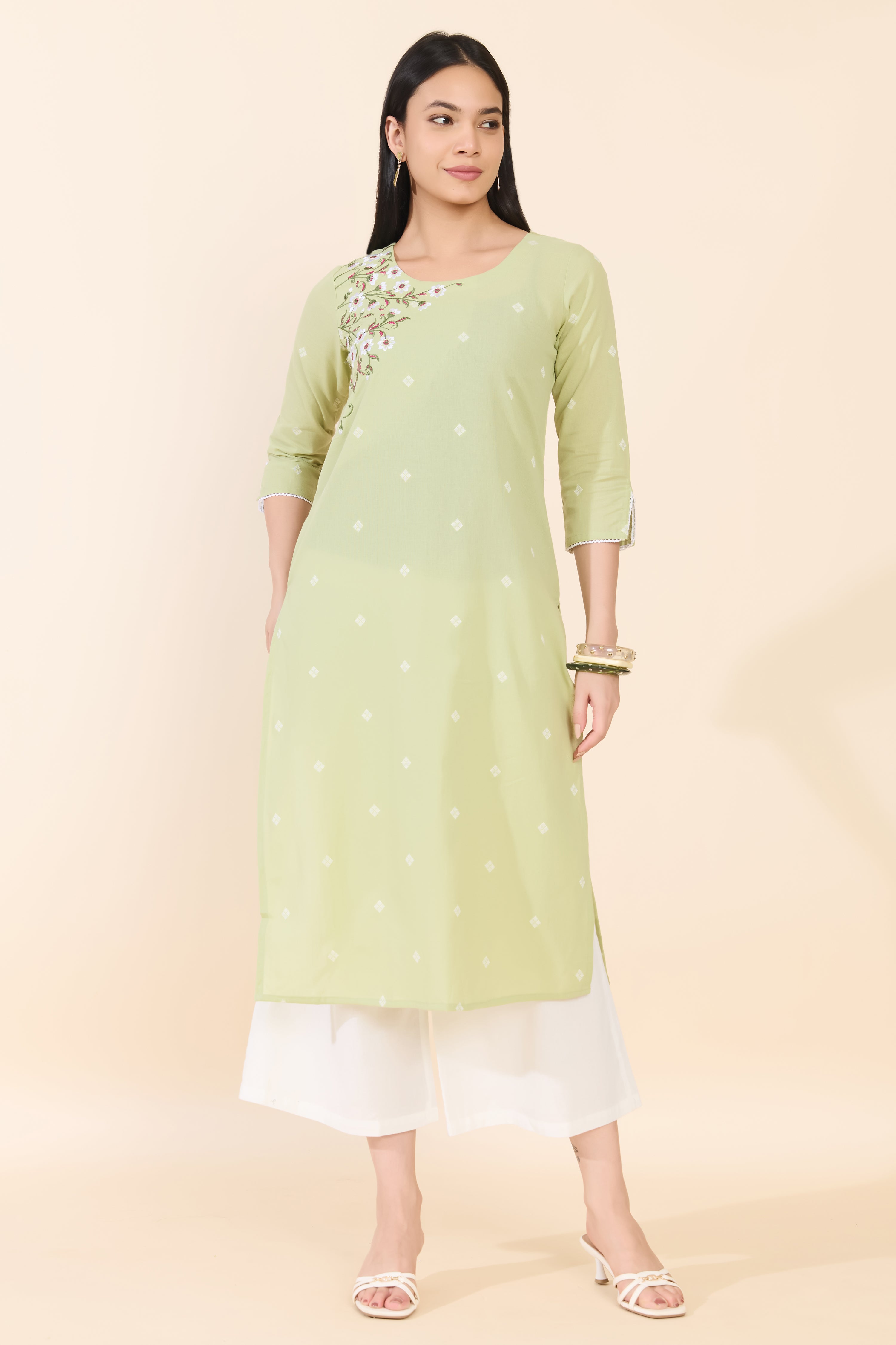 GREEN DOBBY EMBROIDERED COTTON KURTA