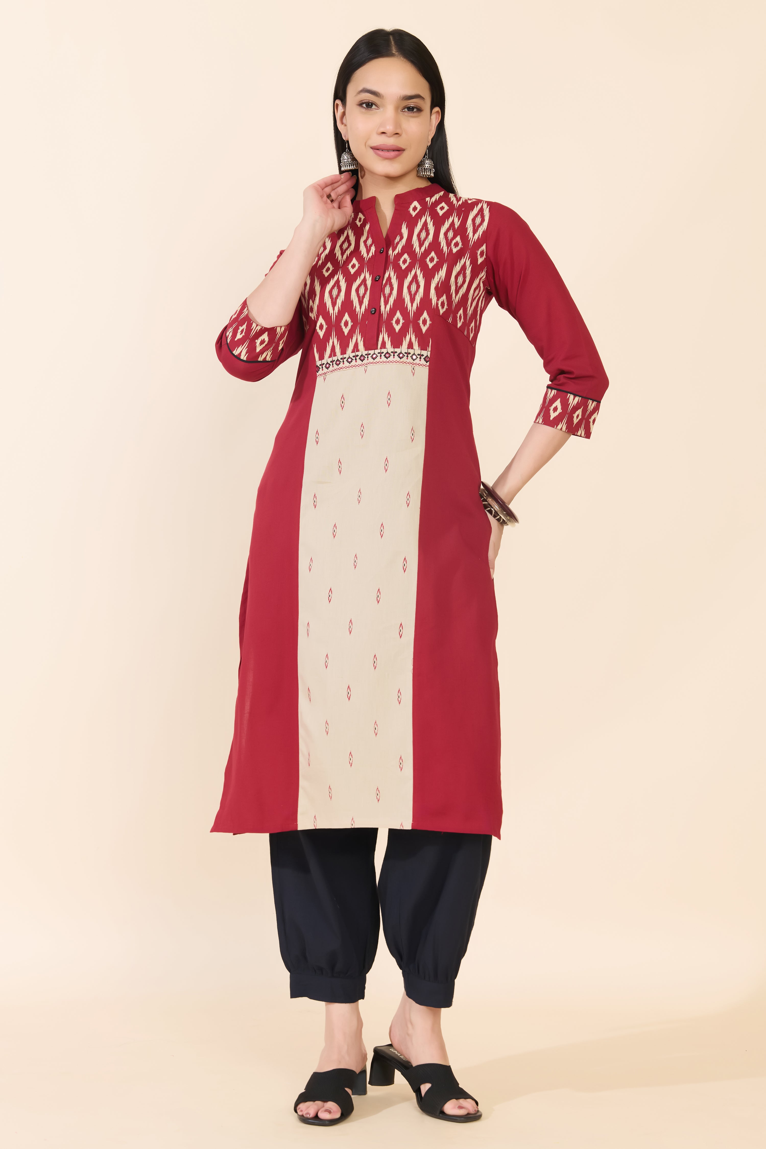MAROON & OFF WHITE IKAT COTTON KURTA