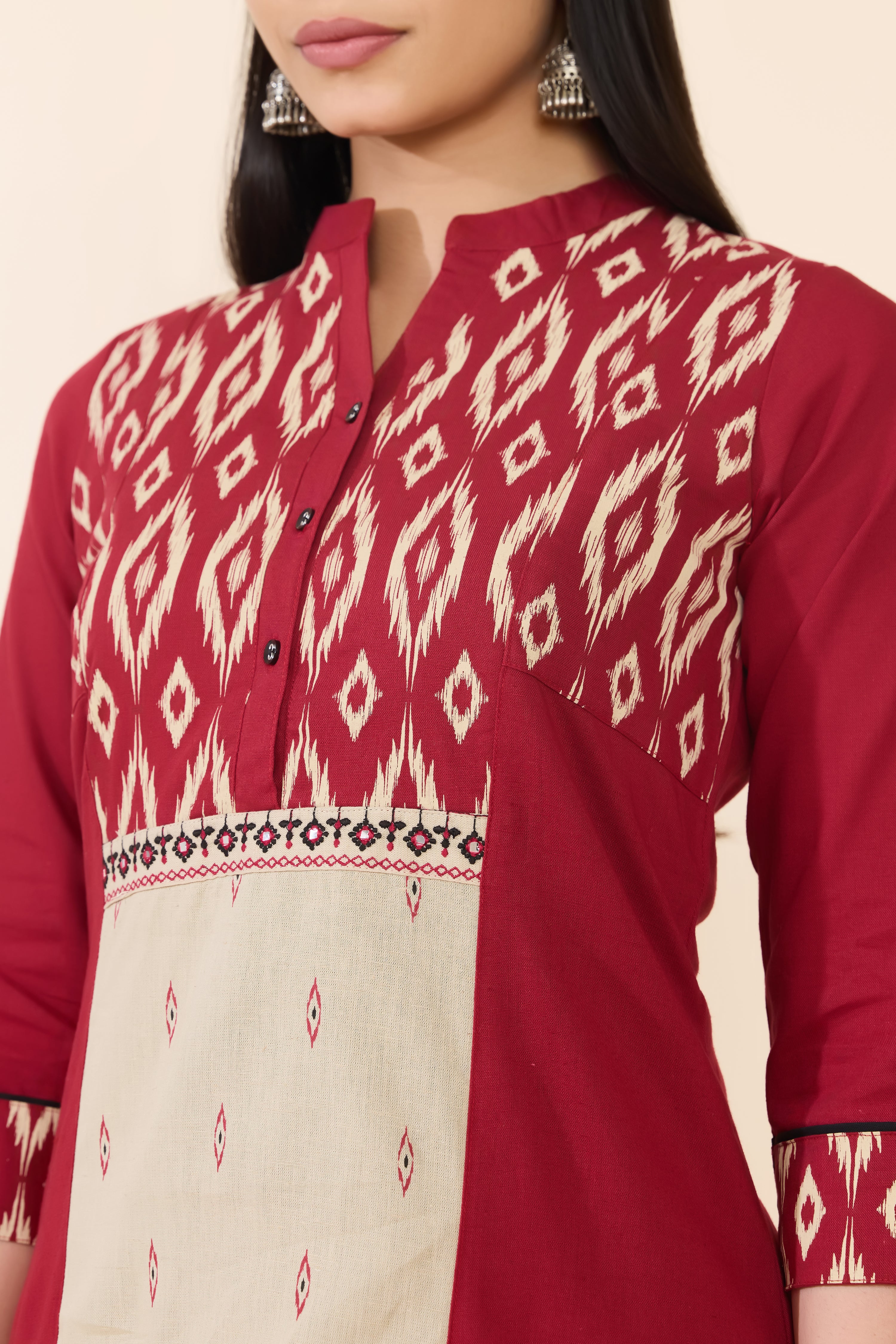 MAROON & OFF WHITE IKAT COTTON KURTA