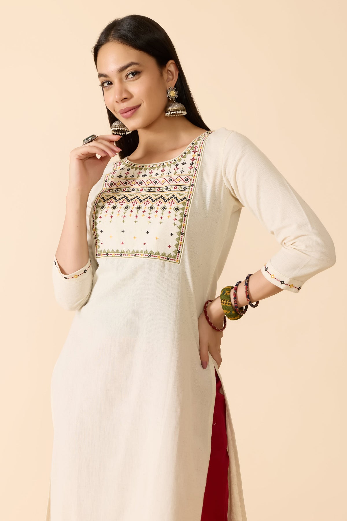 OFF WHITE EMBROIDERED COTTON KURTA
