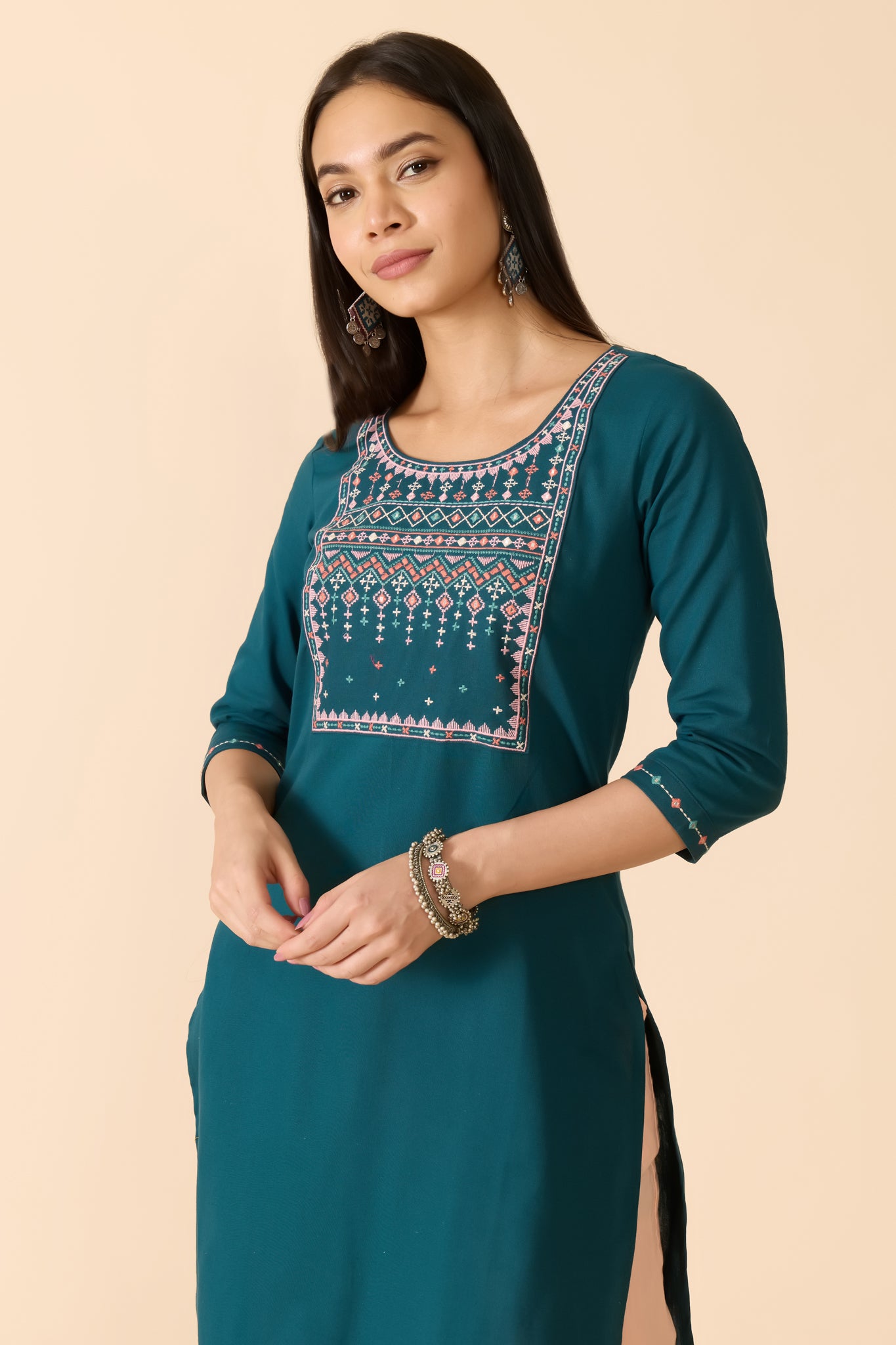 TURQUOISE EMBROIDERED COTTON KURTA