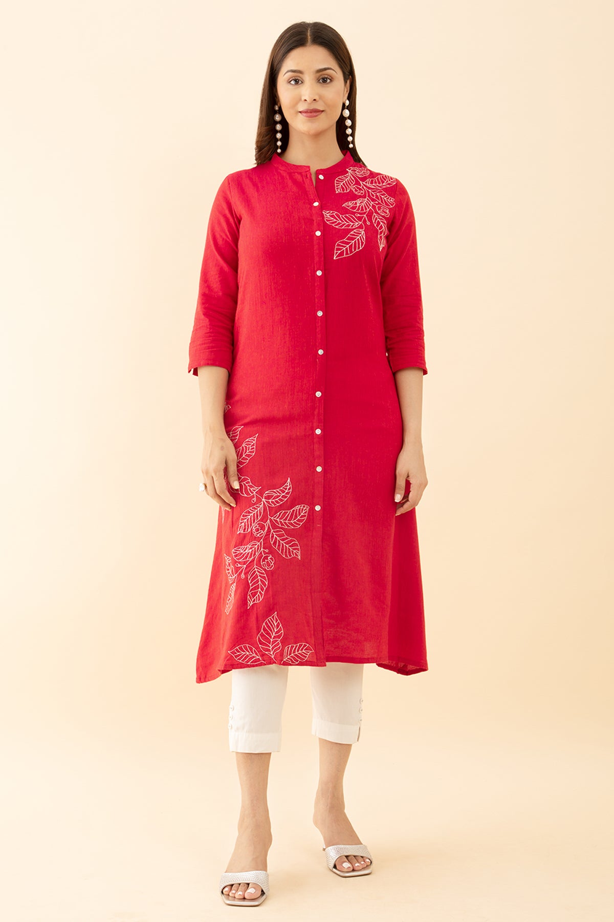 Pink Floral Printed Kurta Embroidered Mandarin Collar Design