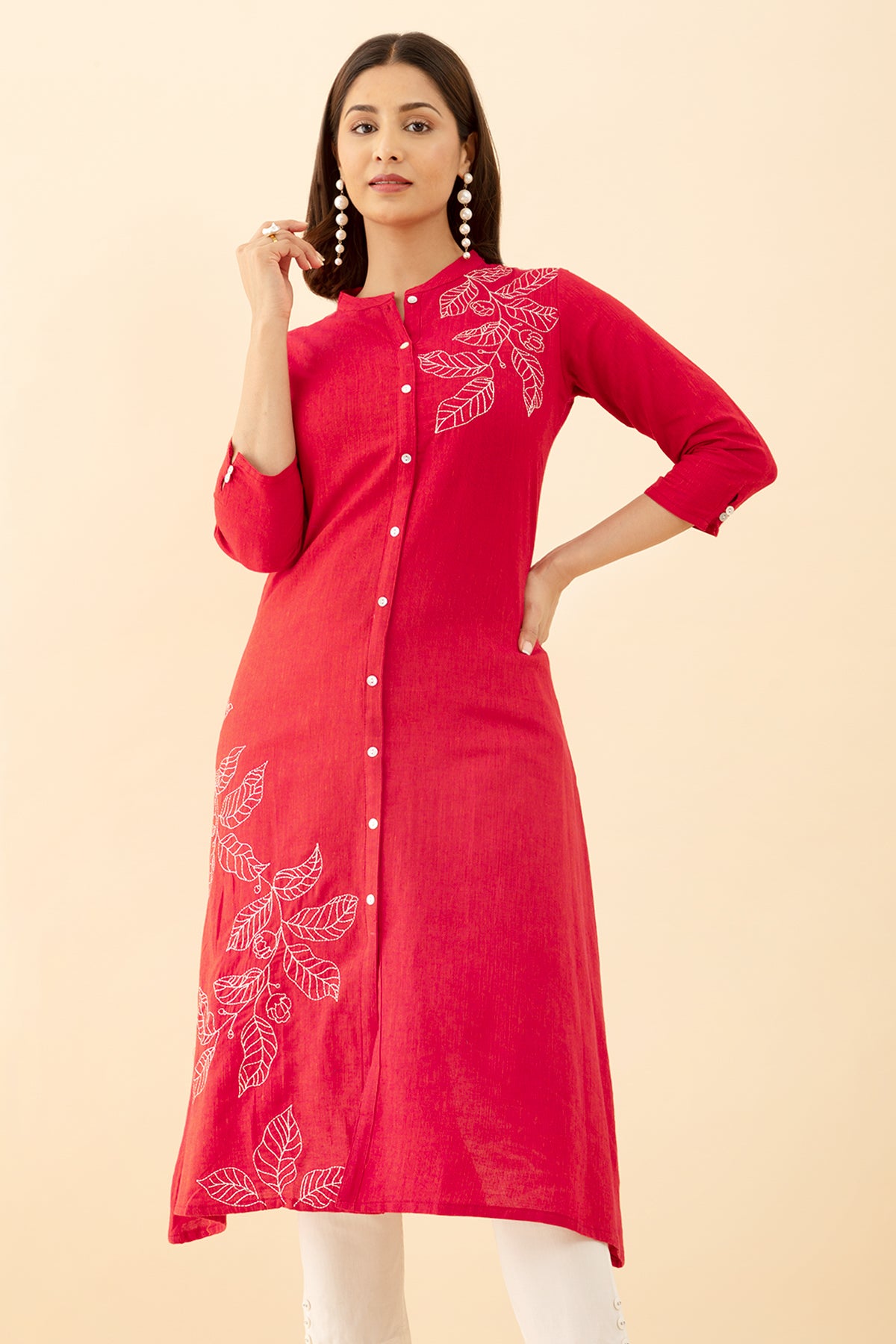 Pink Floral Printed Kurta Embroidered Mandarin Collar Design