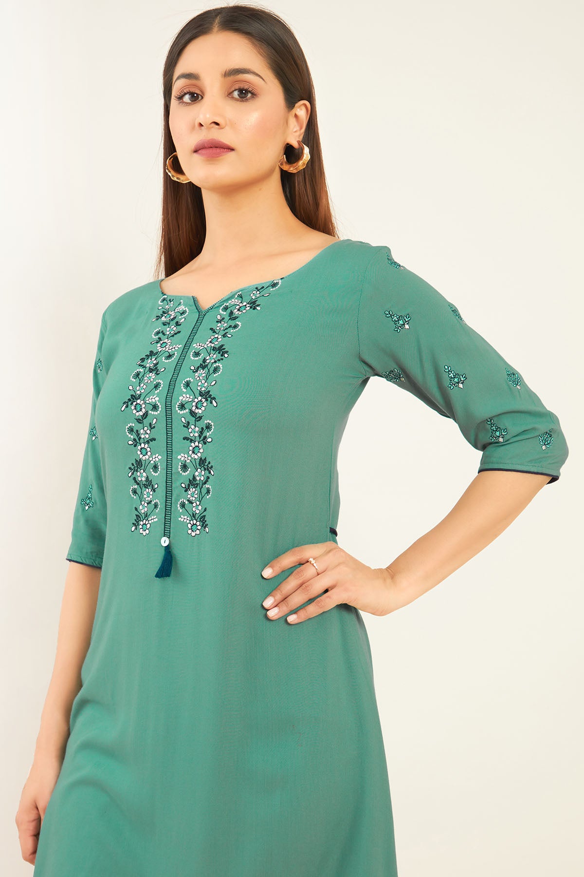 Floral Embroidered A Line Tie waist Kurta Green