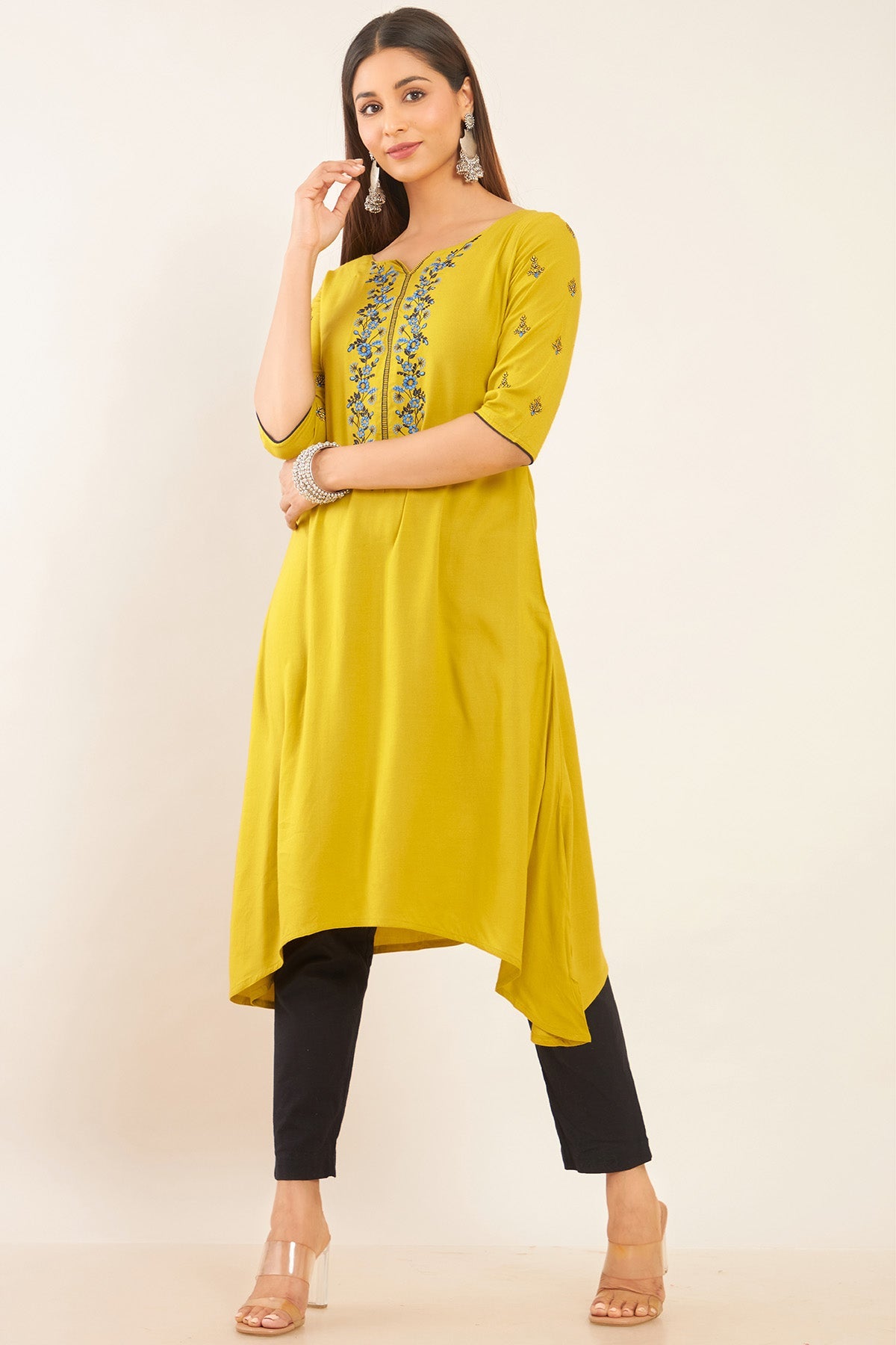 Floral Embroidered A Line Tie waist Kurta Yellow