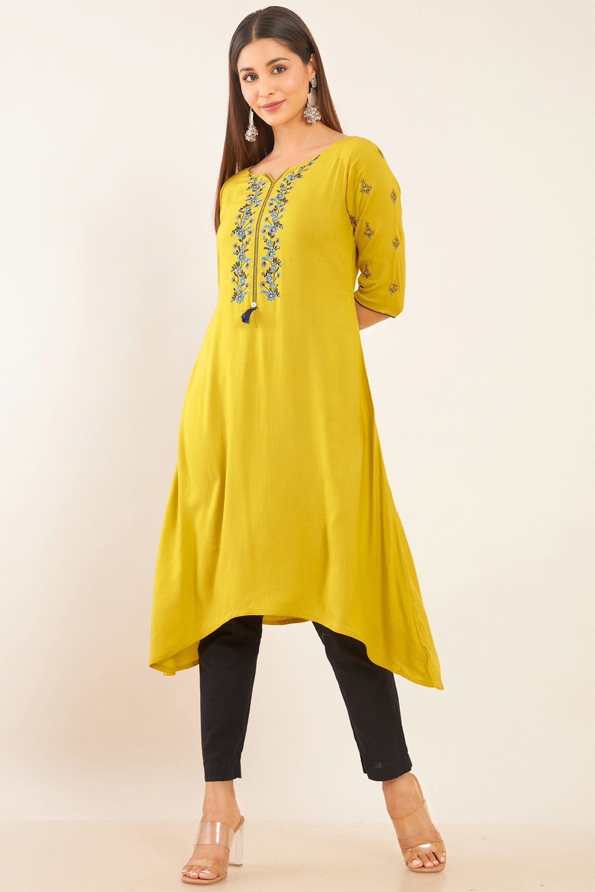Floral Embroidered A-Line Tie-waist Kurta - Yellow