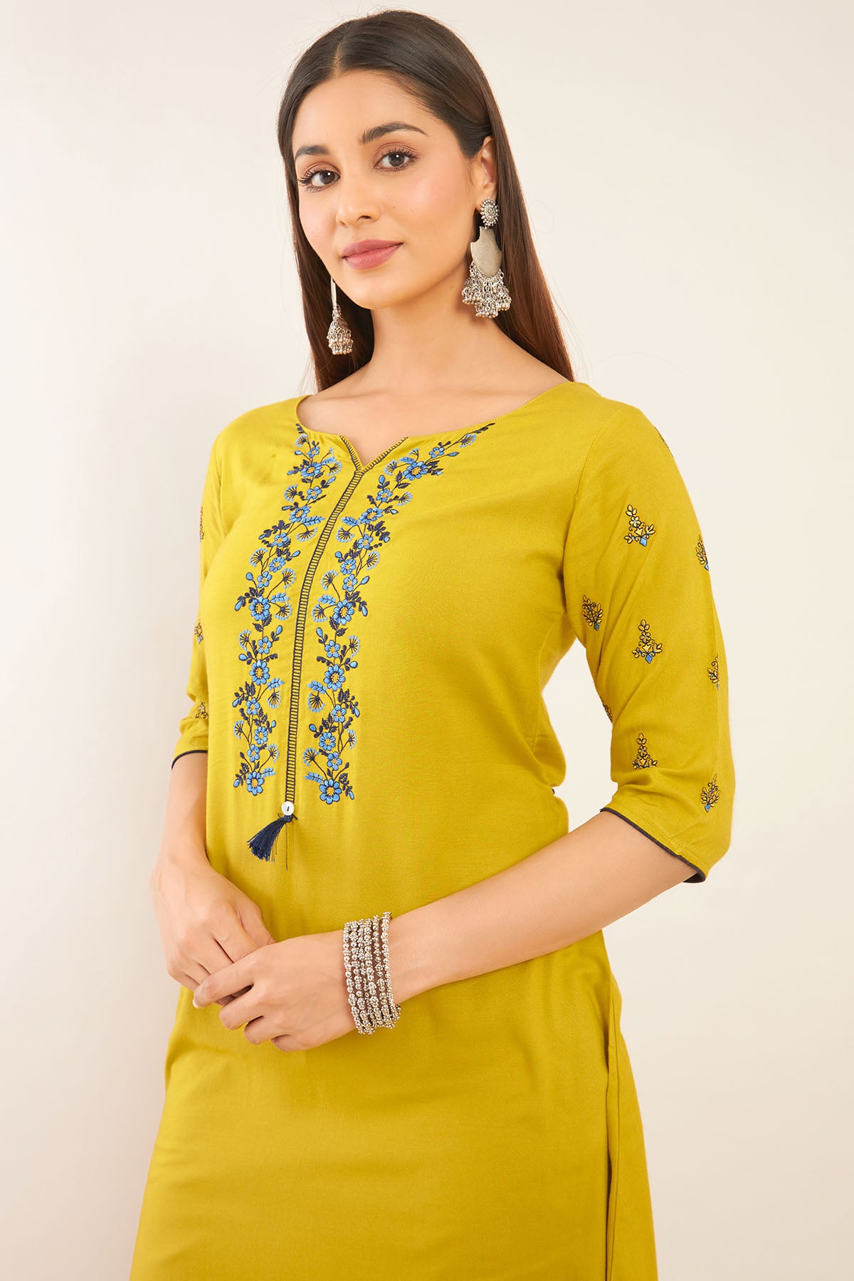 Floral Embroidered A Line Tie waist Kurta Yellow