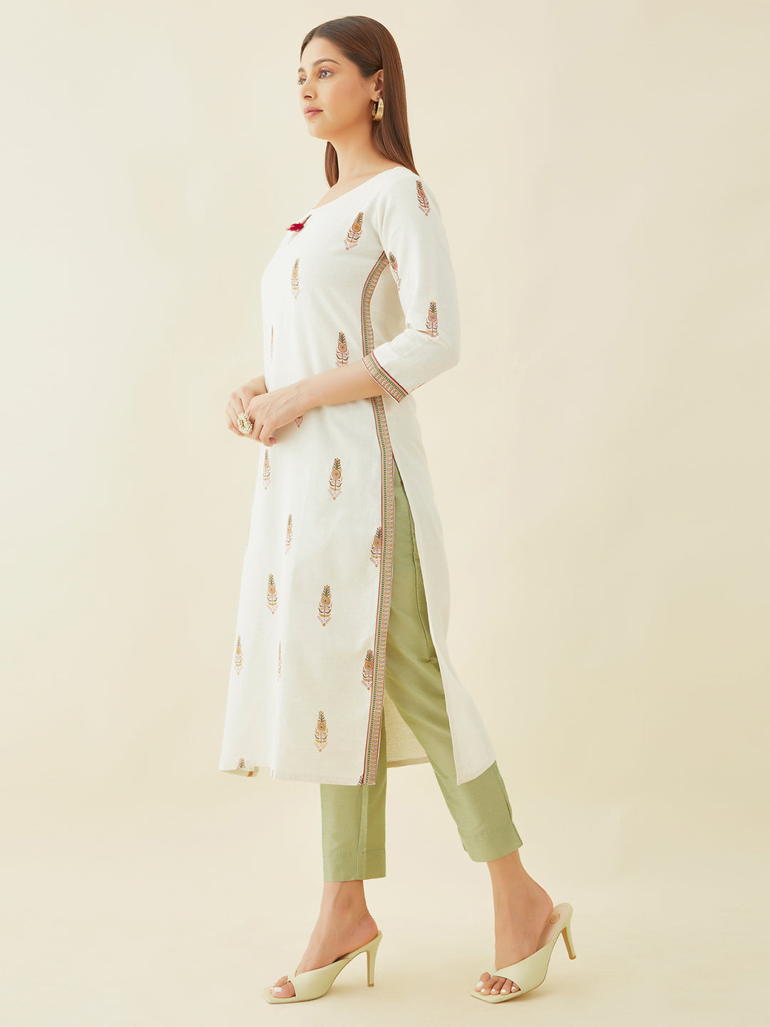 All Over Geometric Motif Printed Kurta Off White