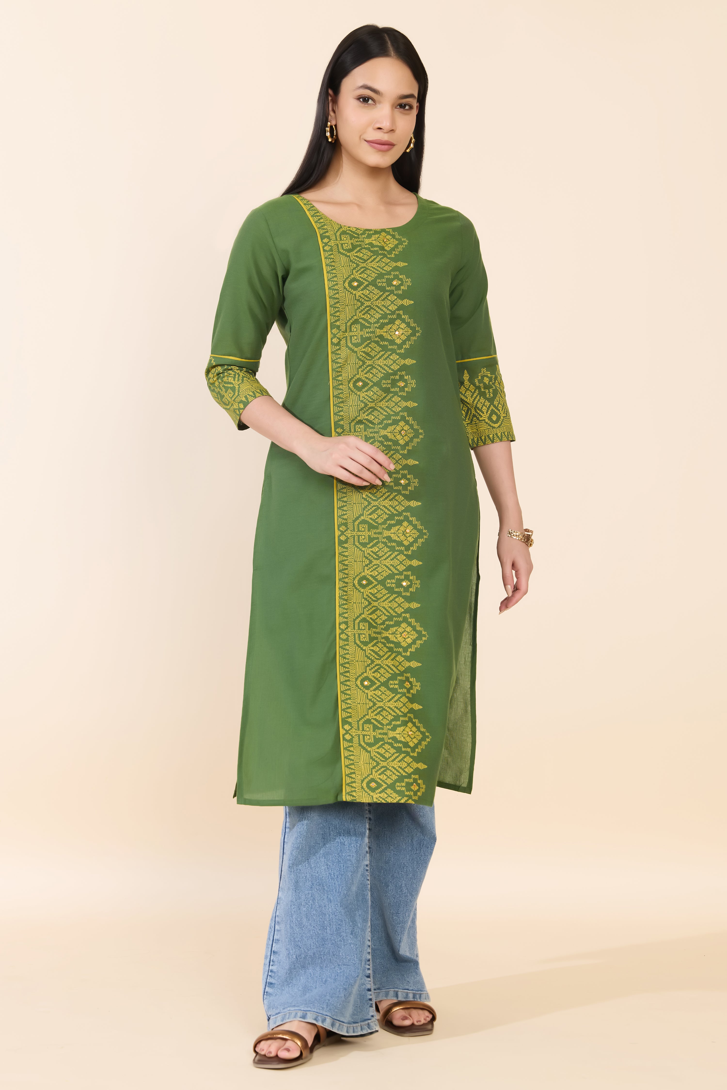 GREEN EMBROIDERED COTTON KURTA