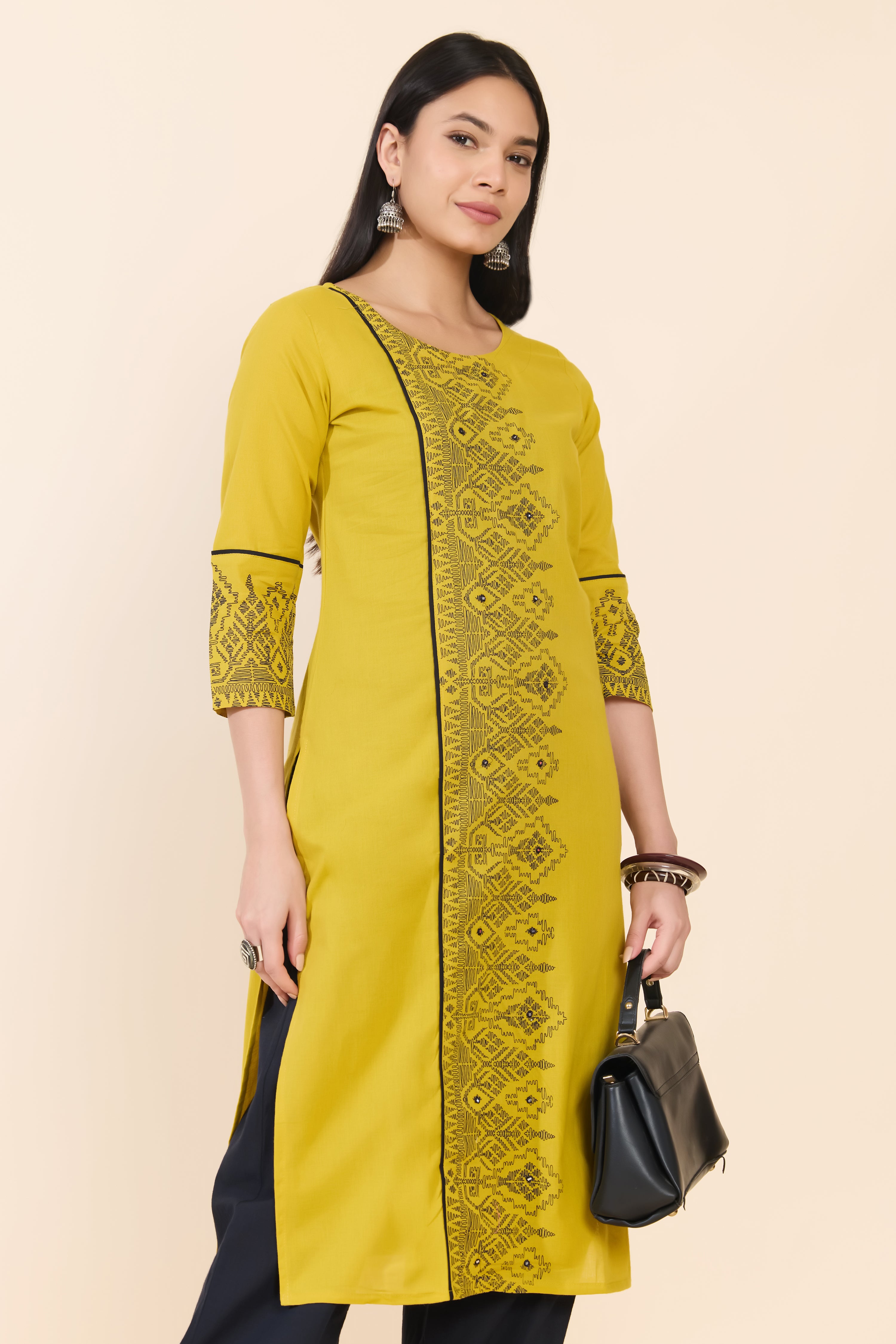 MUSTARD EMBROIDERED COTTON KURTA