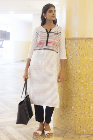 White Weave Straight Line Kurta with Comfortable Lining 