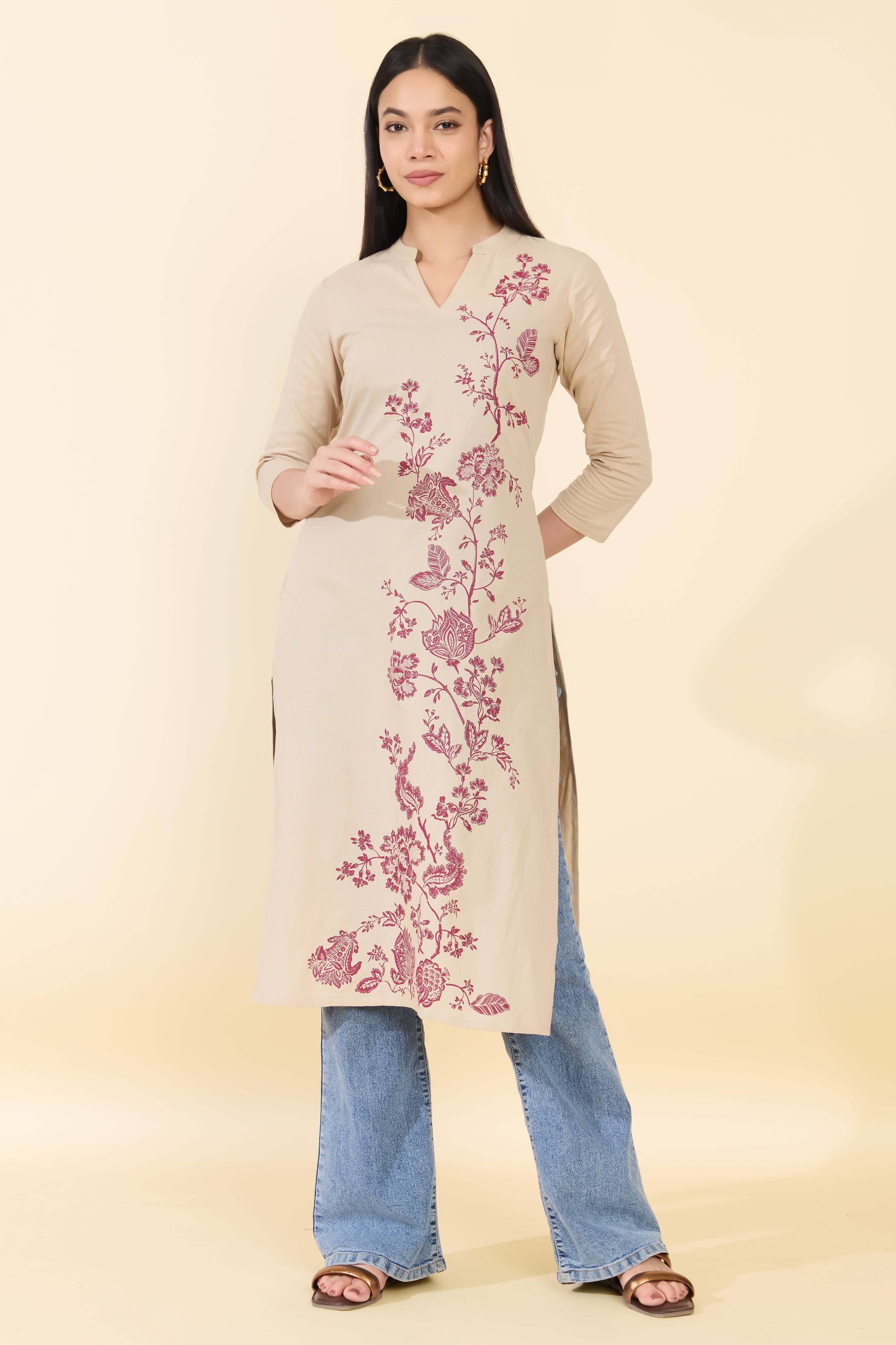BEIGE FLORAL PRINTED COTTON KURTA
