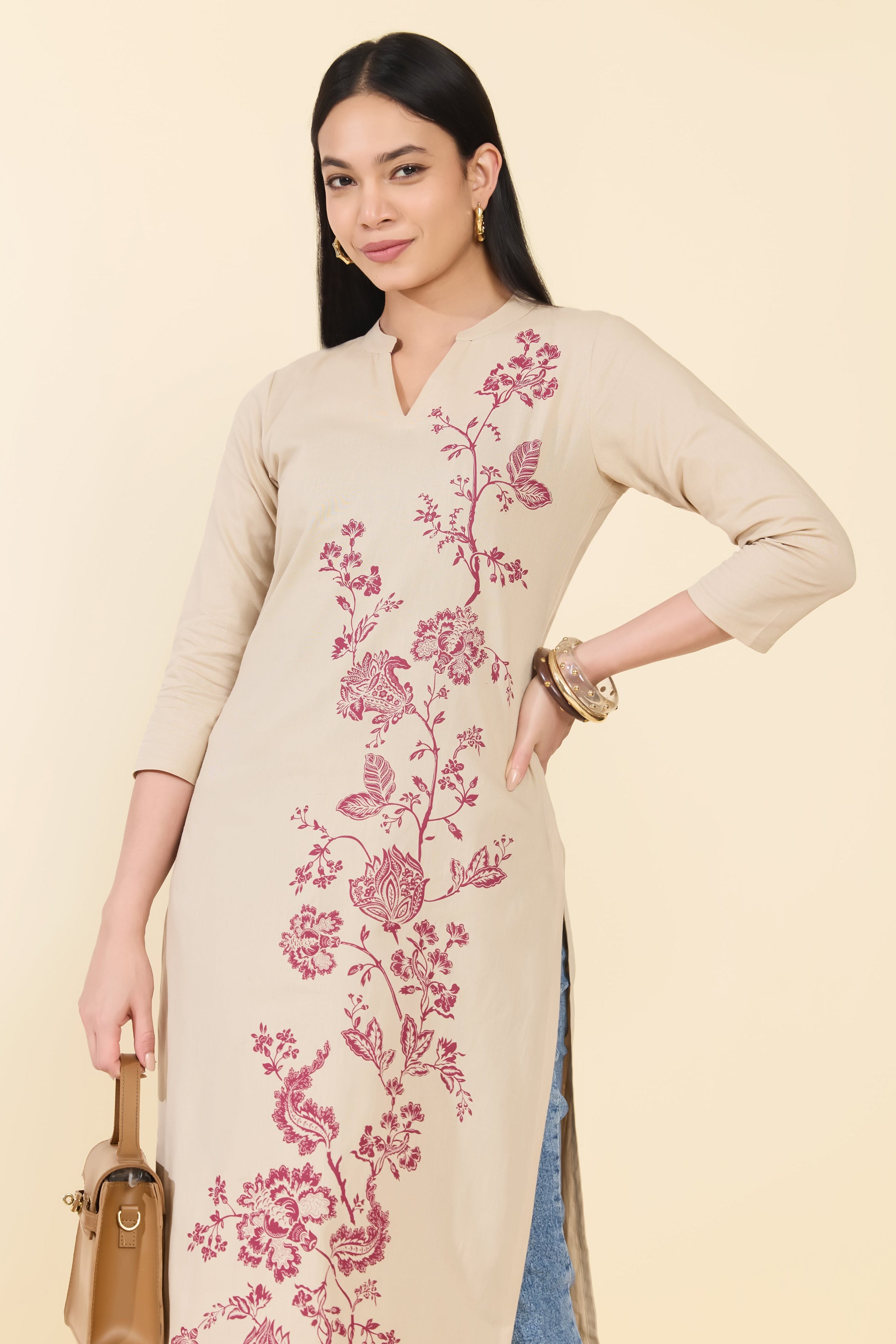 BEIGE FLORAL PRINTED COTTON KURTA