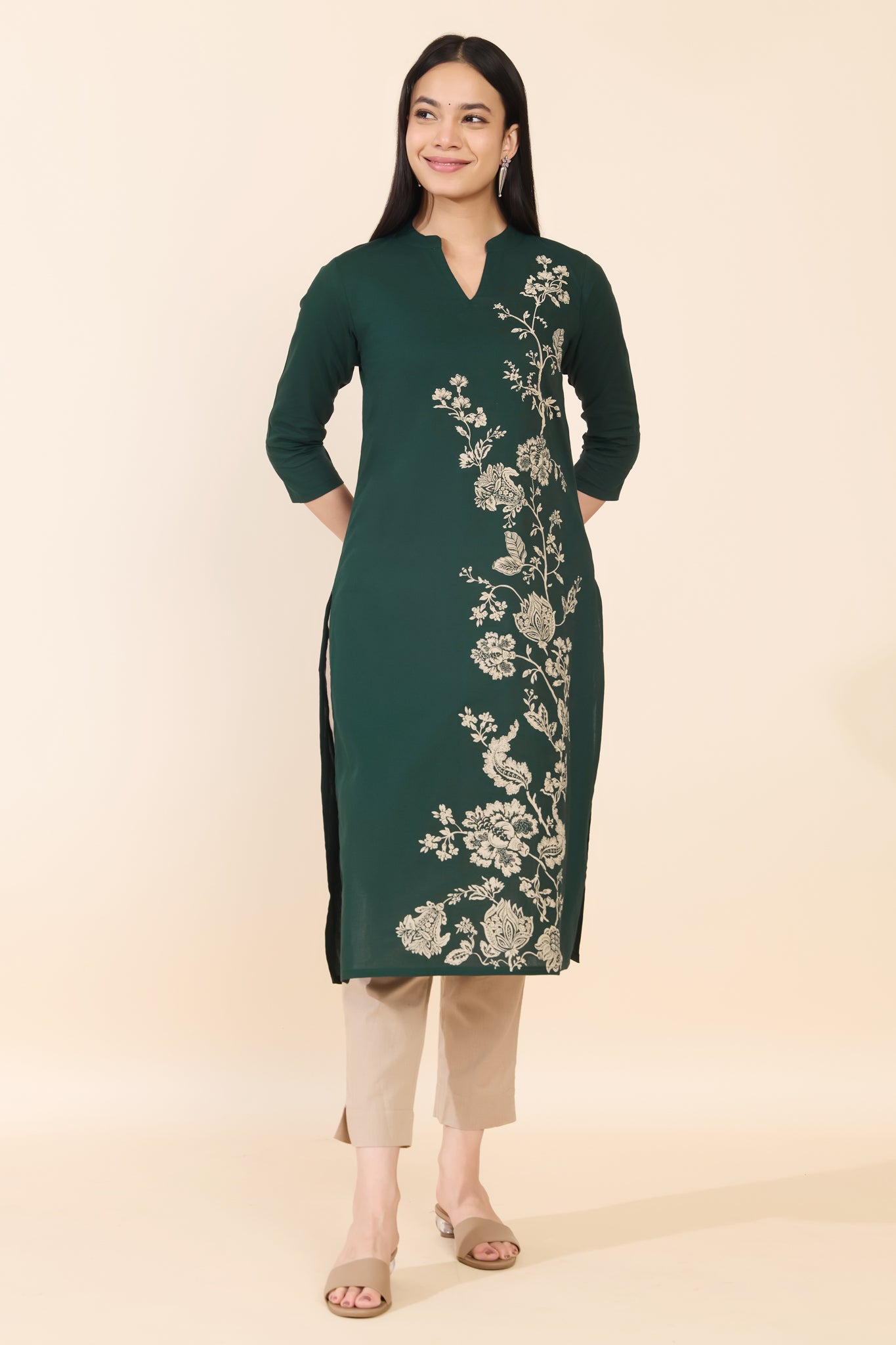 GREEN FLORAL PRINTED COTTON KURTA