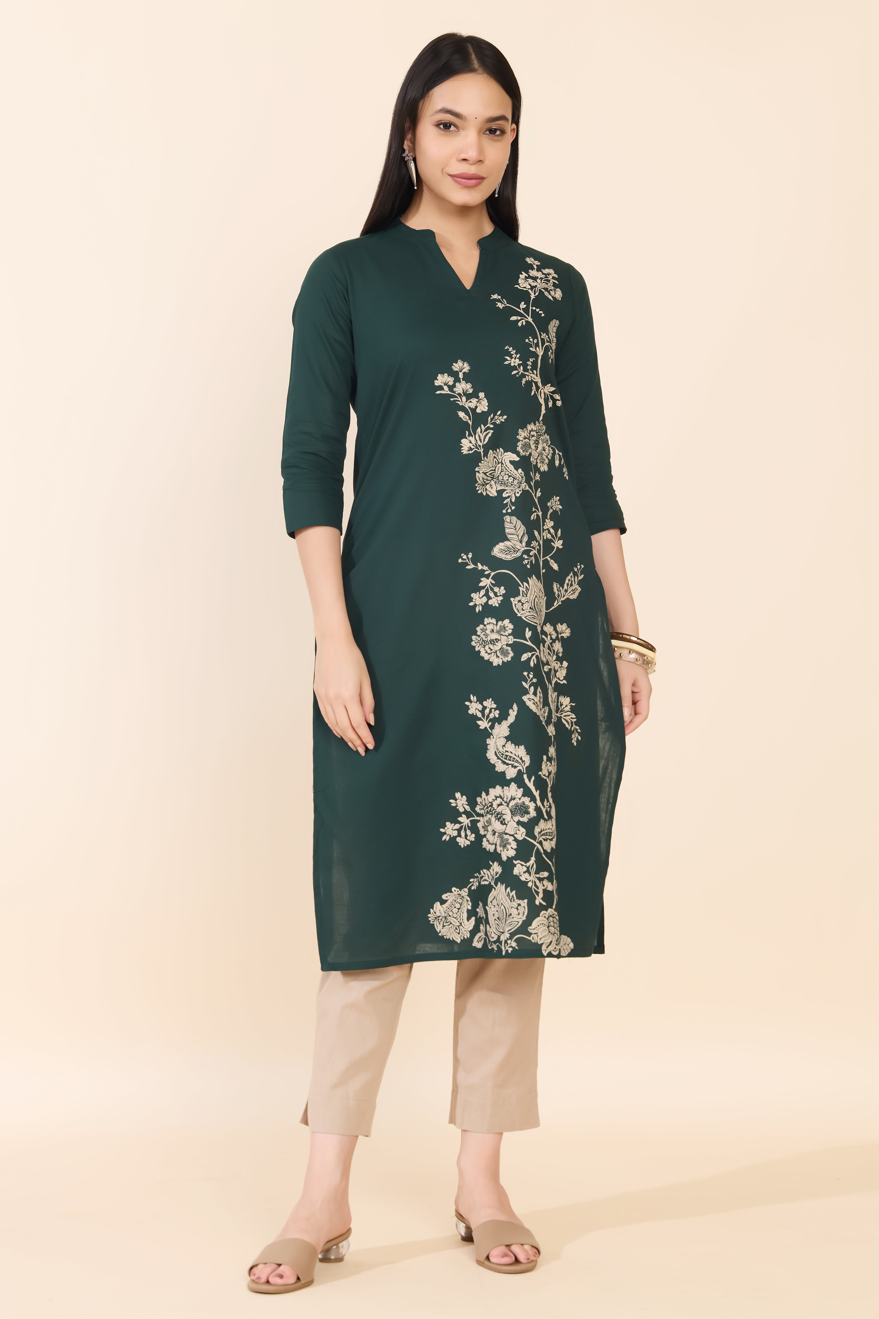 GREEN FLORAL PRINTED COTTON KURTA
