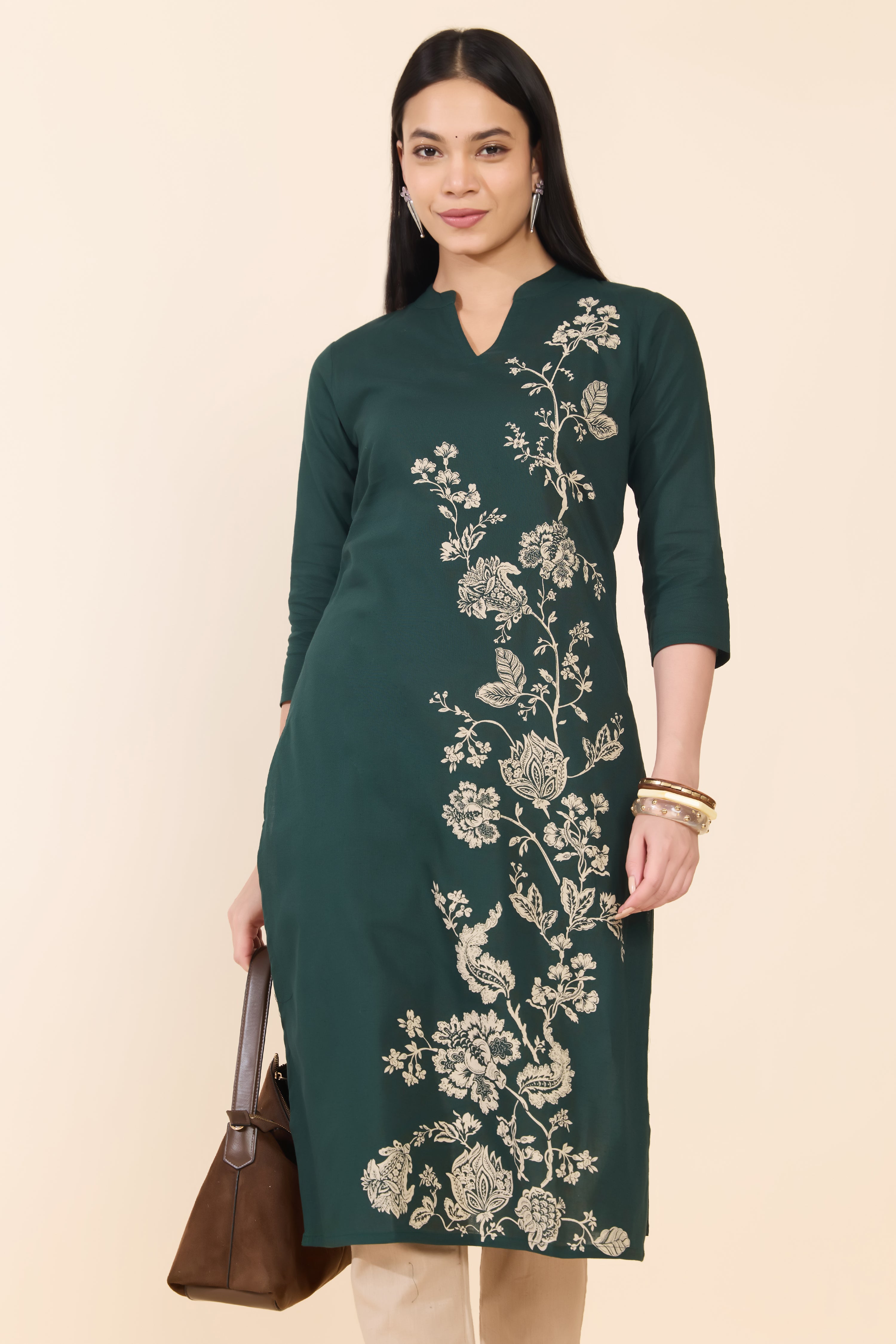 GREEN FLORAL PRINTED COTTON KURTA