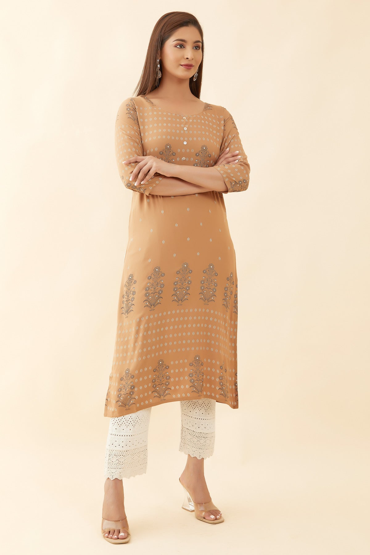 All Over Damask Floral Print Kurta Brown