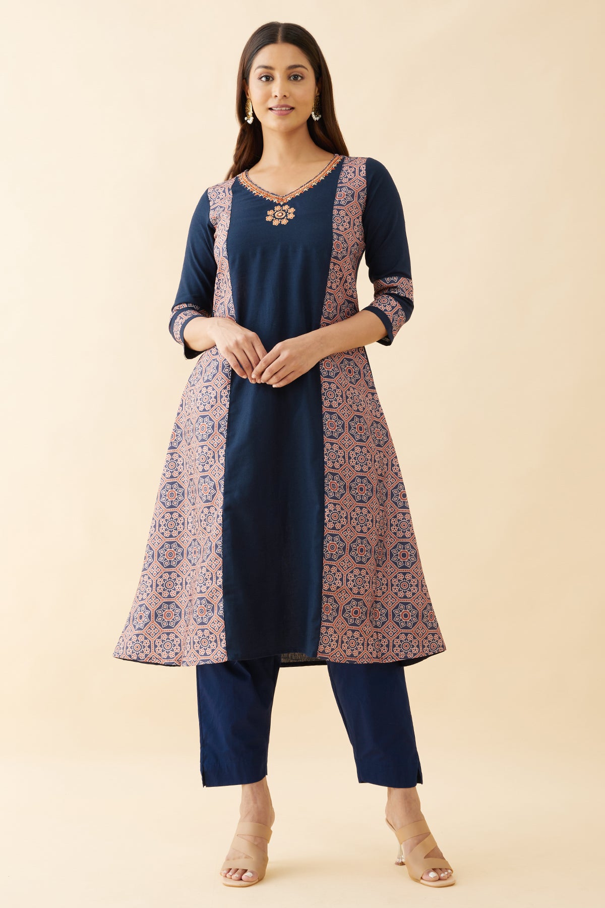 Ajrakh Printed Panelled Kurta - Navy Blue