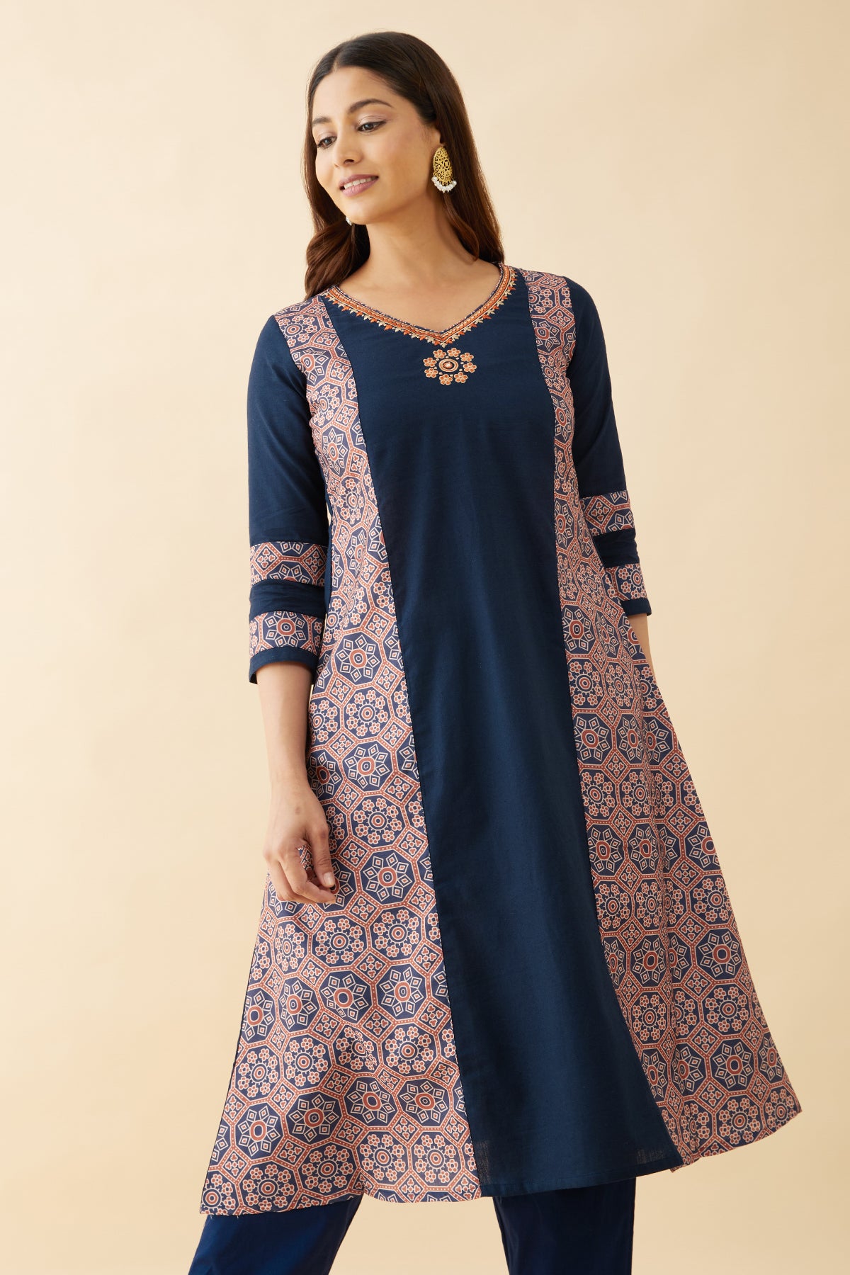 Ajrakh Printed Panelled Kurta - Navy Blue