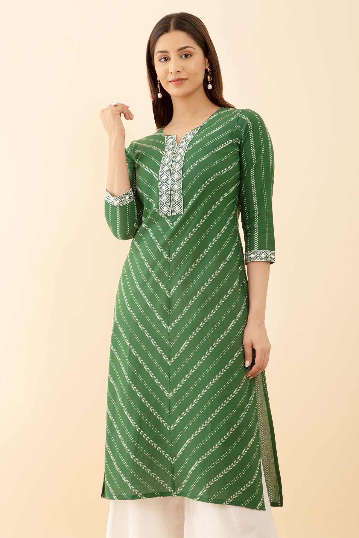 Green Color Geometric Print Weave Embroidered Kurta with Mirror