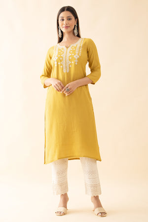 Embroidered Kurta with Foil Mirror Embellishments - Mustard