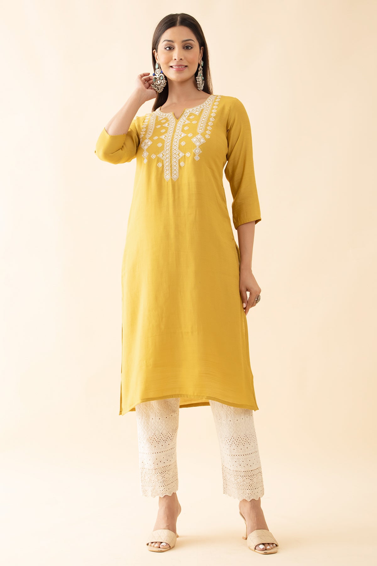 Embroidered Kurta with Foil Mirror Embellishments - Mustard