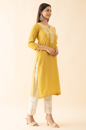 Embroidered Kurta with Foil Mirror Embellishments - Mustard