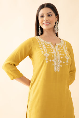 Embroidered Kurta with Foil Mirror Embellishments - Mustard