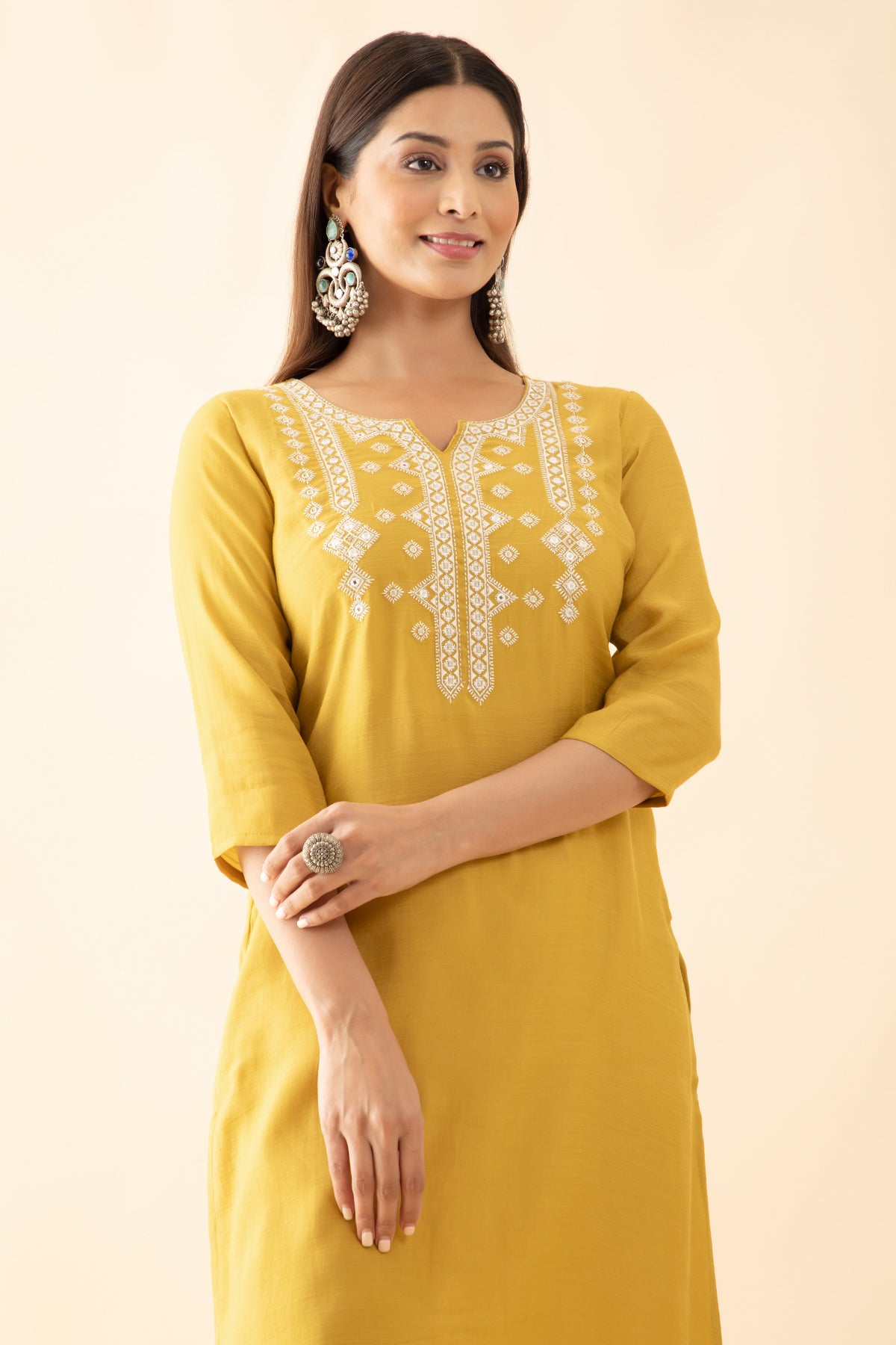 Embroidered Kurta with Foil Mirror Embellishments - Mustard