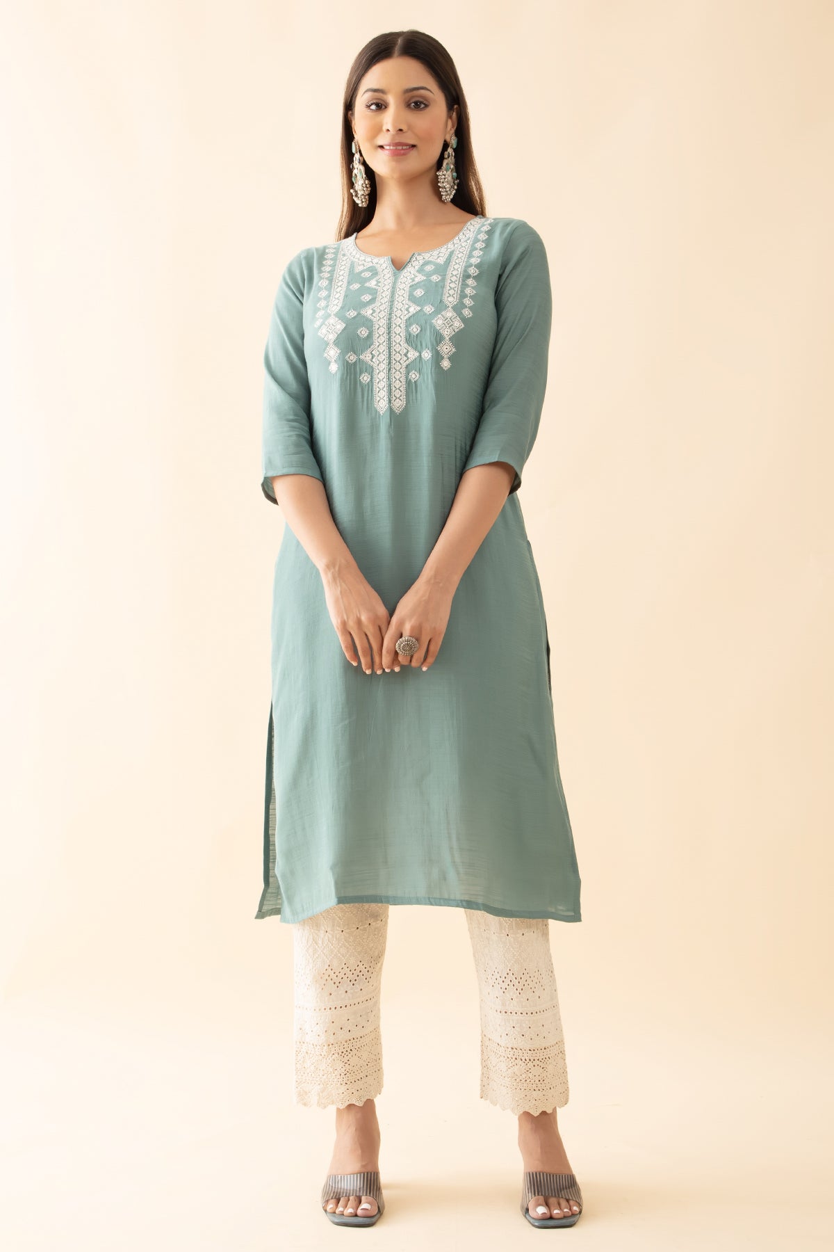 Embroidered Kurta with Foil Mirror Details - Light Turquoise