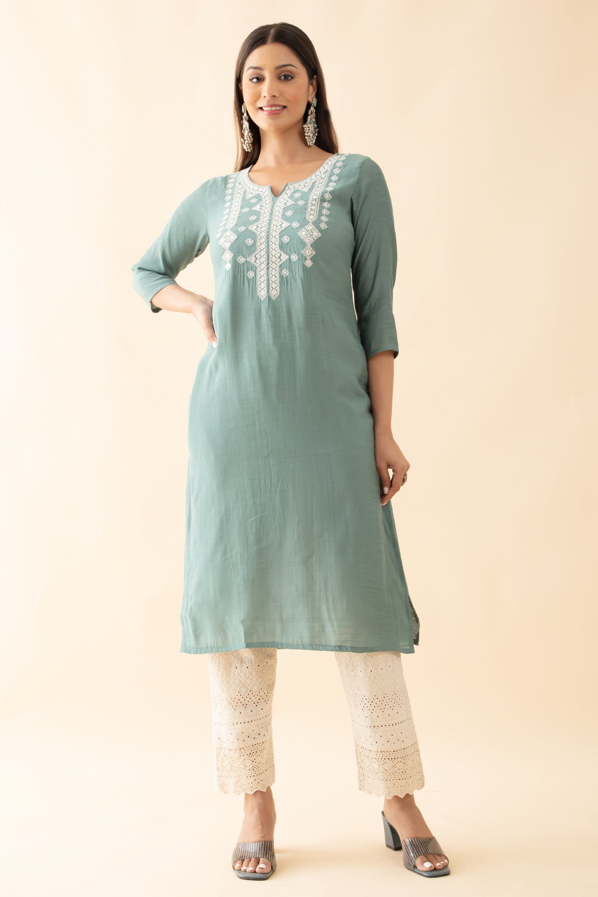 Embroidered Kurta with Foil Mirror Details - Light Turquoise