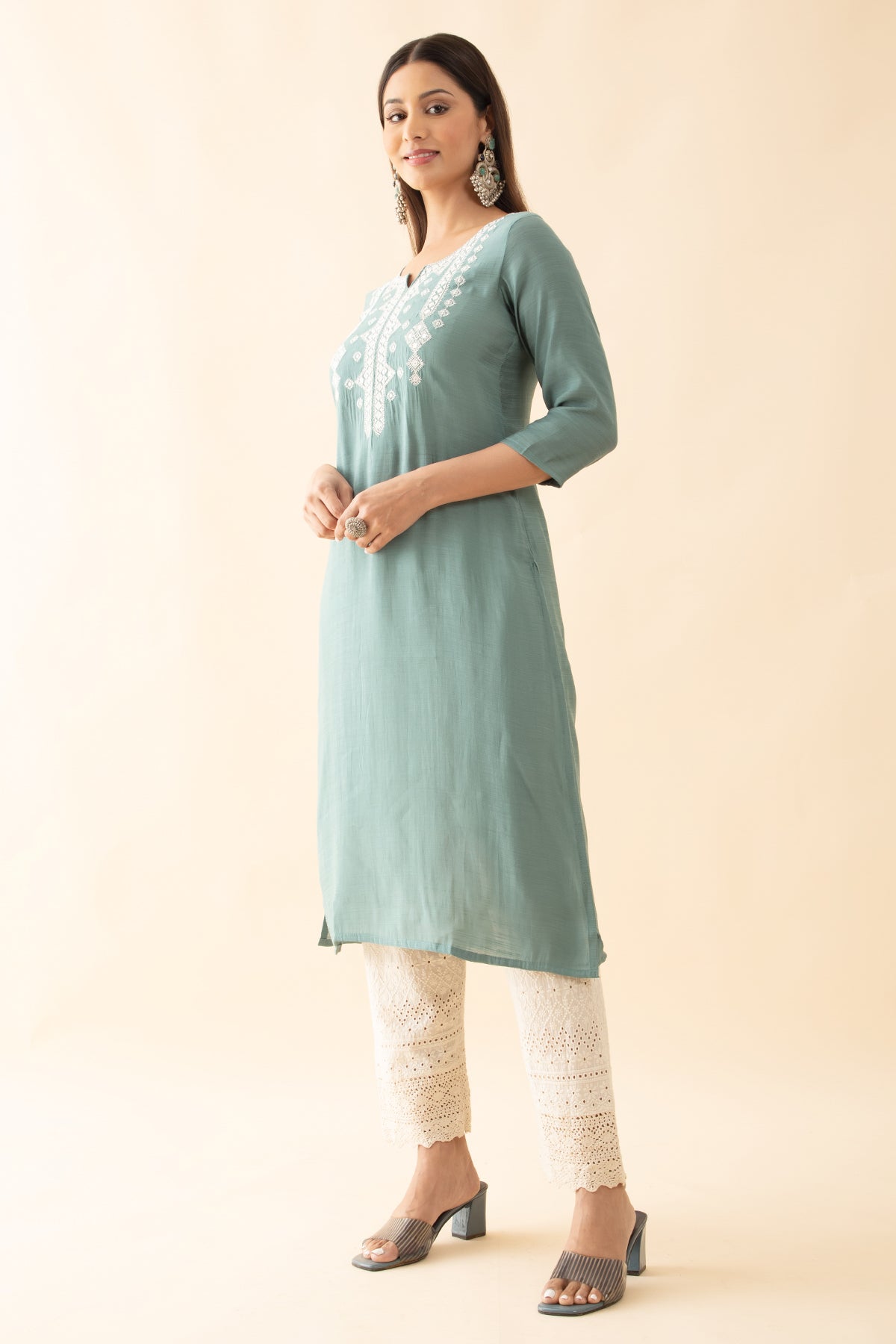 Embroidered Kurta with Foil Mirror Details - Light Turquoise