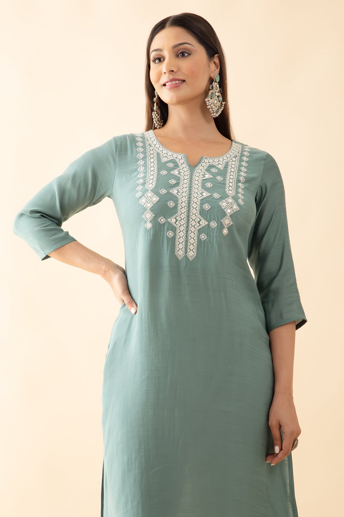 Embroidered Kurta with Foil Mirror Details - Light Turquoise