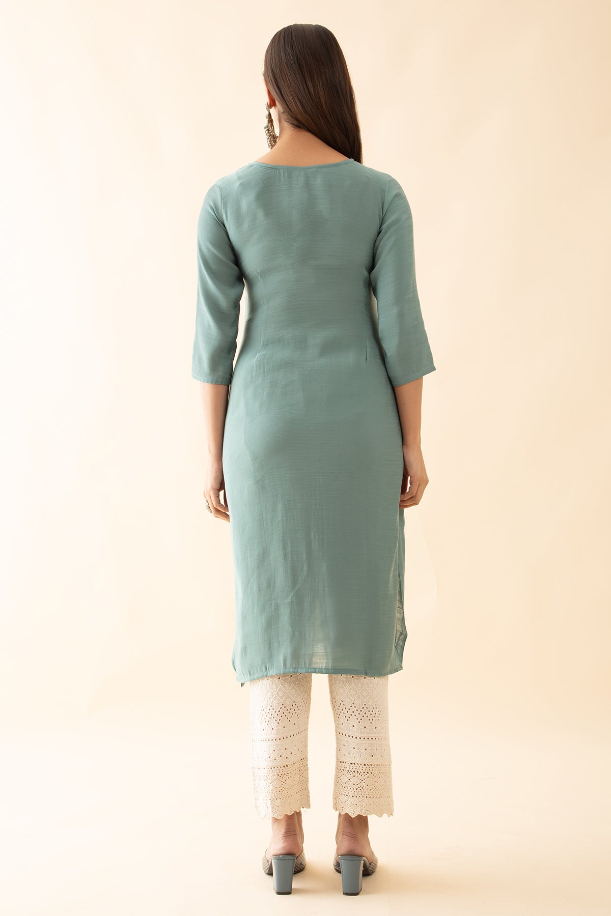 Embroidered Kurta with Foil Mirror Details - Light Turquoise