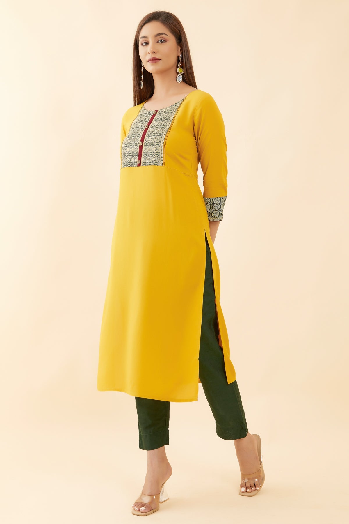 Geometric Printed Yoke Kurta Mustard