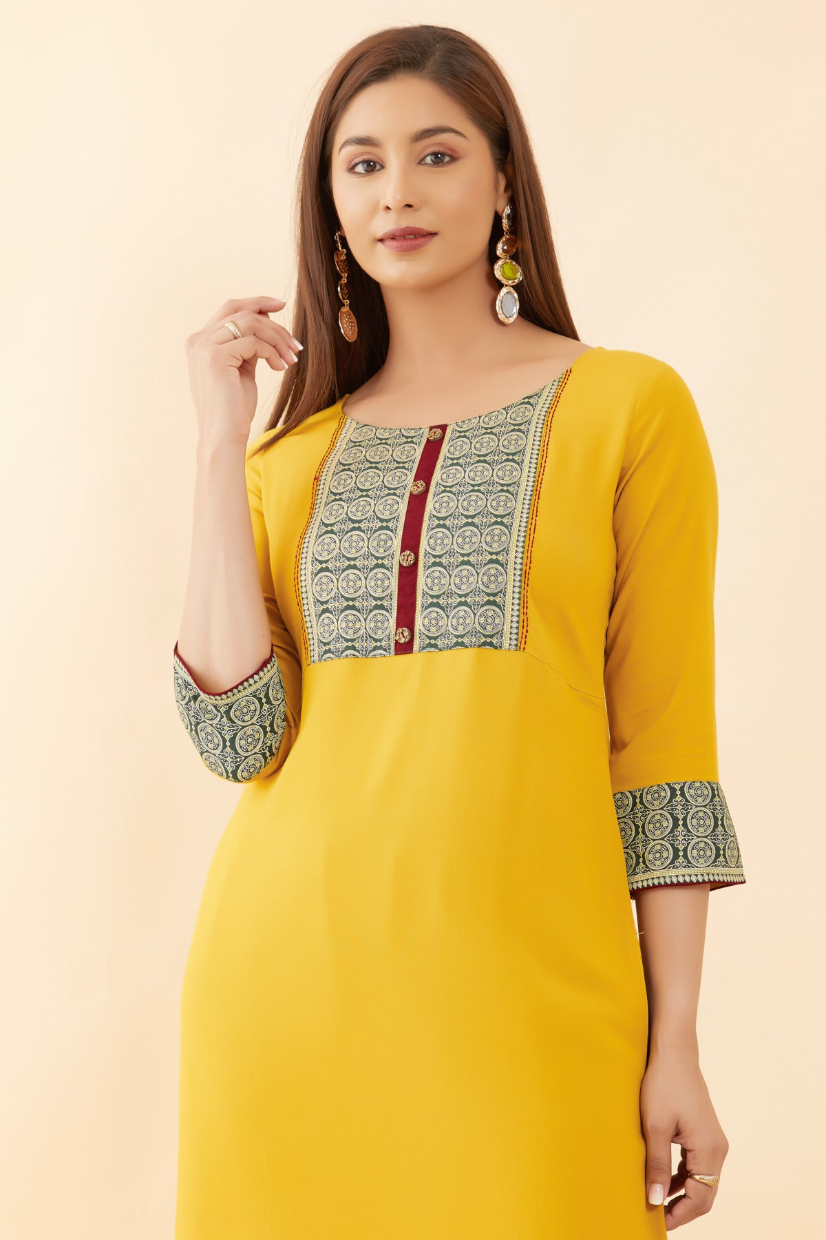 Geometric Printed Yoke Kurta Mustard