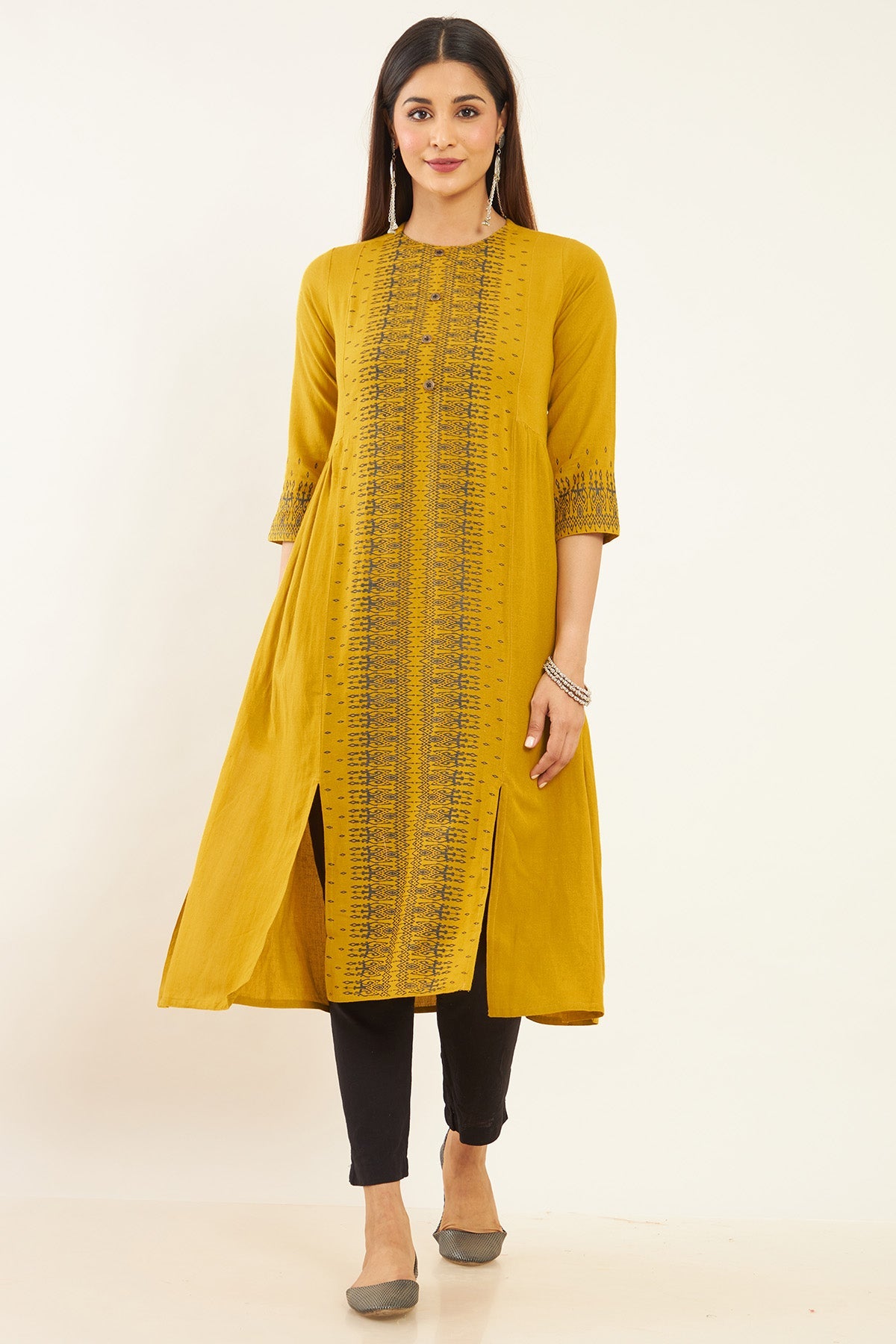 Abstract Printed Multi Slit A Line Kurta Mustard