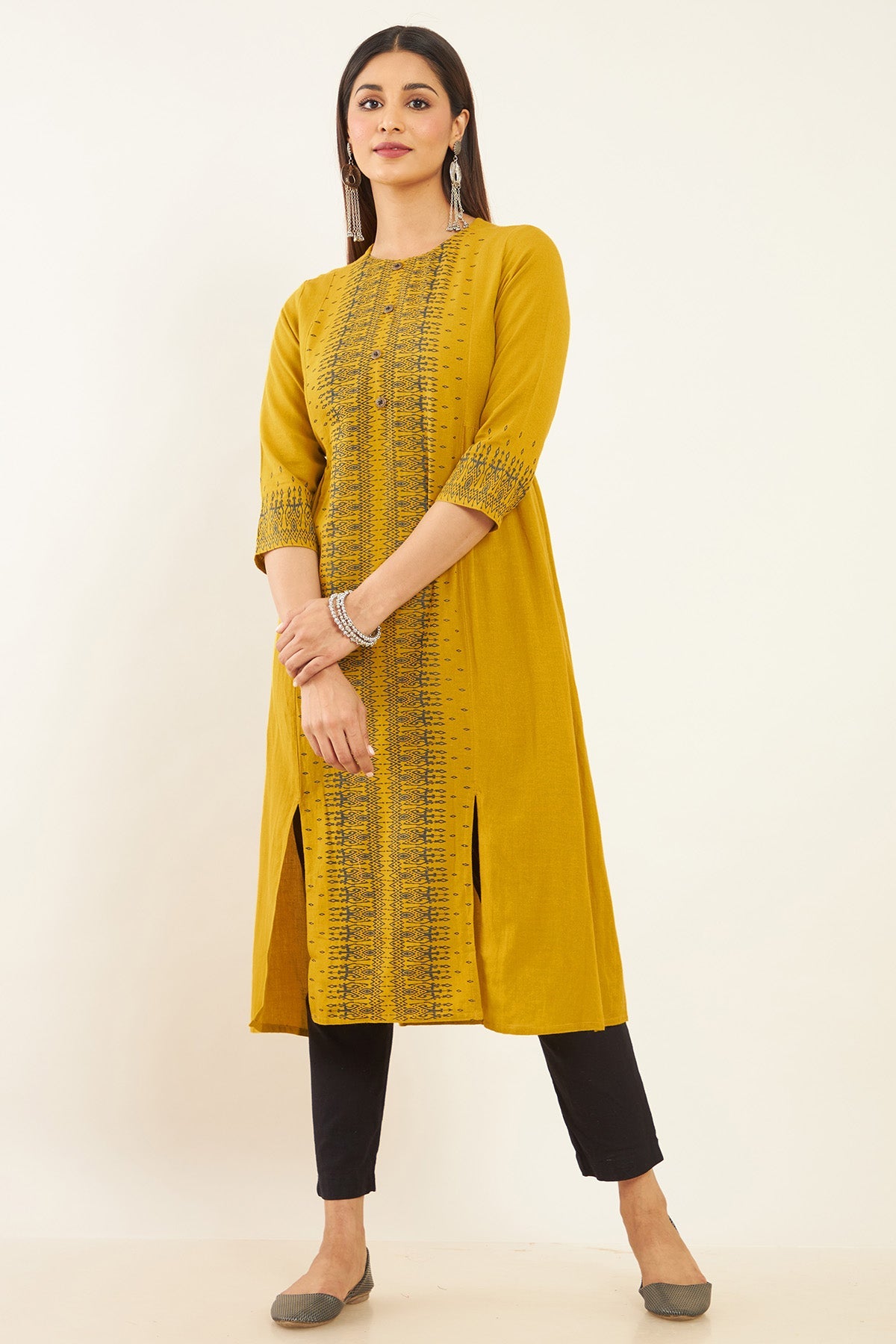 Abstract Printed Multi Slit A Line Kurta Mustard